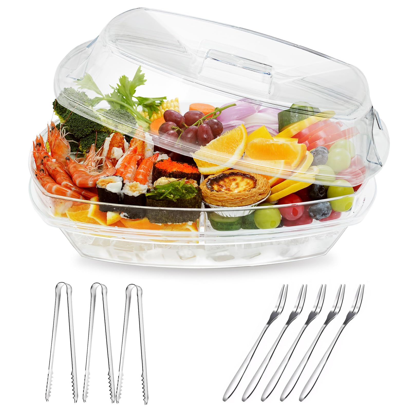 chilled ice serving tray, 15.1" ice chilled party platter, 3 layers veggie platter with lid, stackable appetizer party platter with 4 compartments for shrimp, fruits, veggies