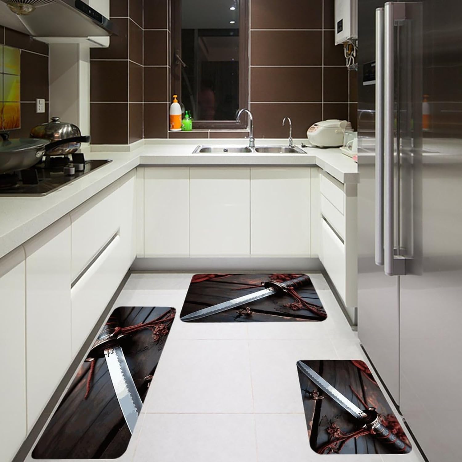 Japan Samurai Sword Kitchen Mats for Floor 3 Pcs Kitchen Rugs