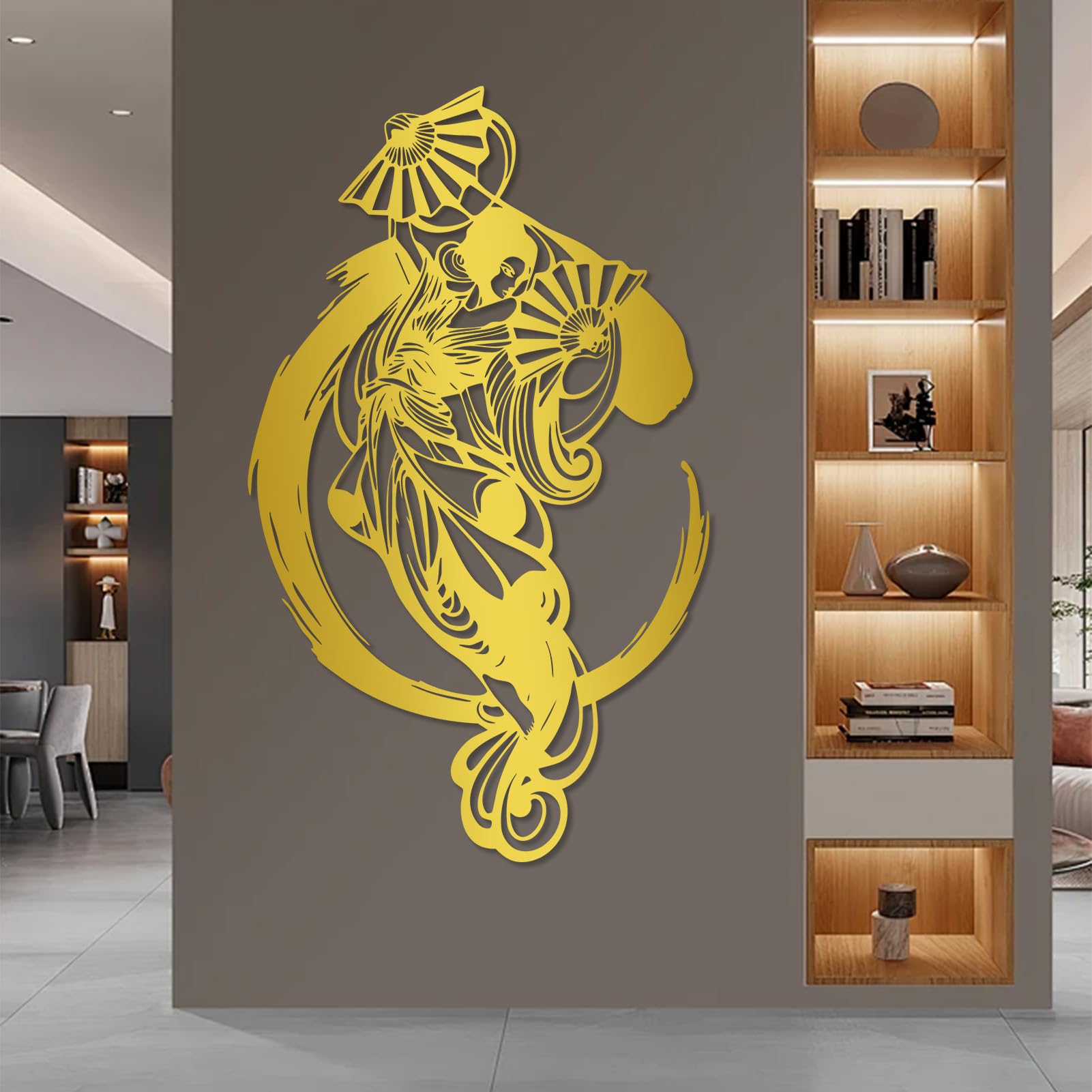 Gran Cuadro Abstracto de Metal con diseño de Mujer samurái, decoración Japonesa para Mujeres y Abanico para Sala de Estar o Dormitorio (Blanco, 105 x 62 cm).