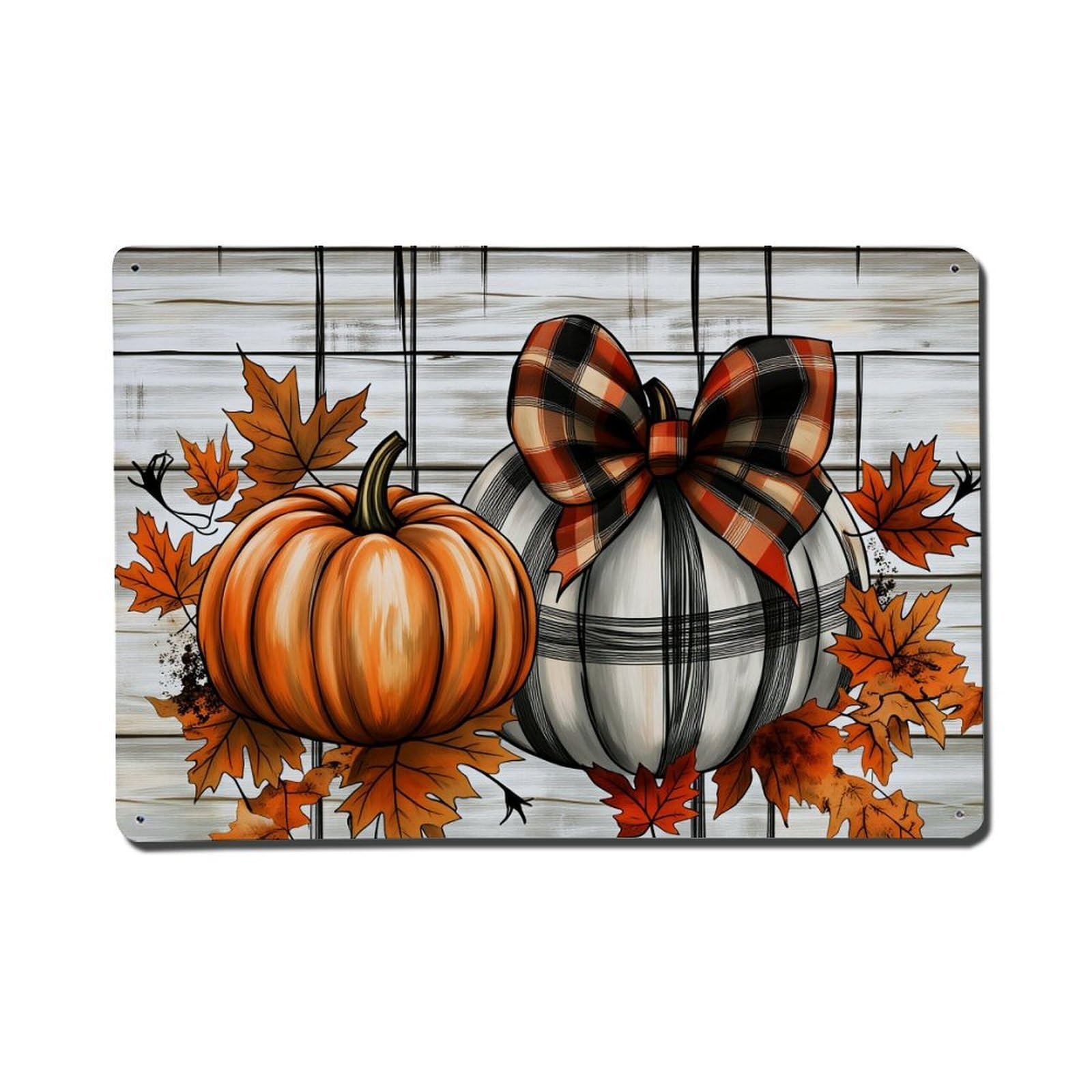 Pumpkin Plaid Bow Leaves Autumn Tin Sign Vintage Metal Poster, Home Bar Garage Man Cave Cafe Indoor & Outdoor Wall Decoration 8x12Inches