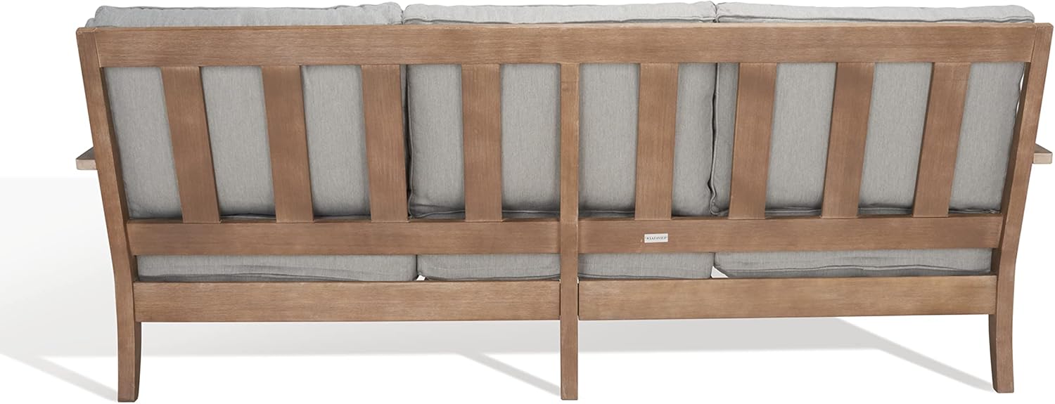 SAFAVIEH Outdoor Couture Collection Martinique Natural/Grey Solid Wood Patio Sofa with Pillows