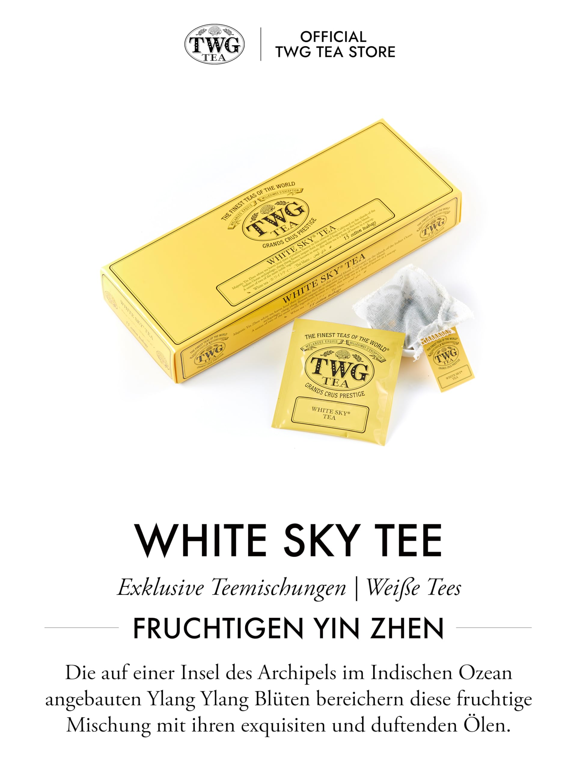 TWG Tea | White Sky Tea | Weißer Tee | Ylang-Ylang-Blumen | 15 Handgenähte Teebeutel aus Baumwolle | Geschenkset