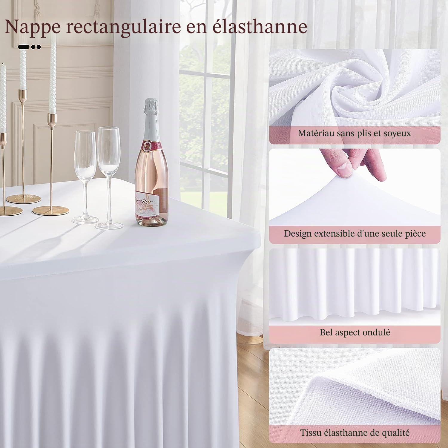 NSSONBEN Lot de 1 nappes en élasthanne Blanche pour Tables rectangulaires de 180 cm, infroissables, Extensibles avec Jupe pour Banquet, fête, Mariage, Anniversaire, réunion, décoration