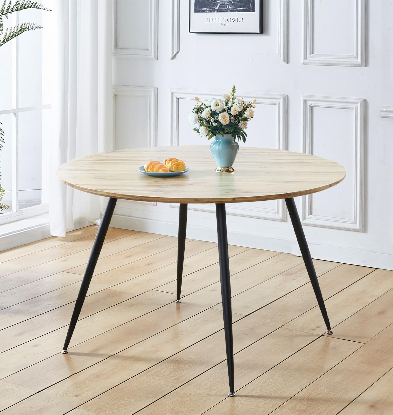 Hallowood Furniture Cullompton Large Round Dining Table, 120cm Stylish Oak-Effect Top Round Kitchen Table with Black Metal Legs, Ideal for Modern 4-6 Seater Dining Spaces