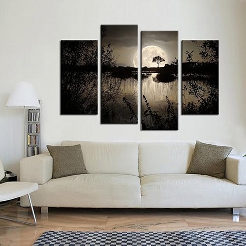 Miniatura 2 de KREATIVE ARTS - 4 impresiones en lienzo para pared, diseño de luna grande sobre lago en bosque oscuro, pintura moderna en lienzo, cuadro de paisaje