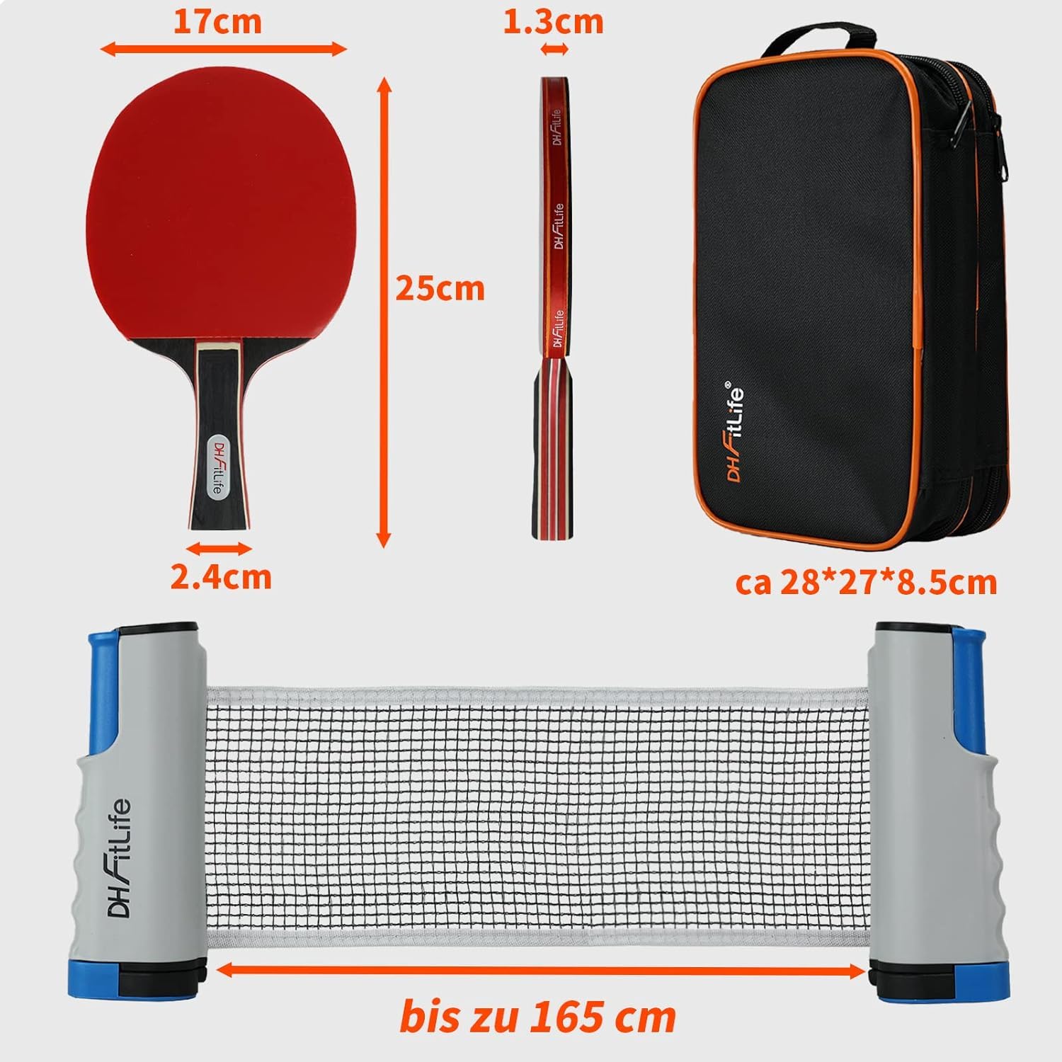 DH FitLife Tischtennisschläger Set für 2 Spieler, mit ausziehbarem mobilen Tischtennisnetz, 3 Tischtennisbälle, 2 Schläger, inkl. Aufbewahrungstasche, für jeden Tisch, Tischtennis Set mit Netz