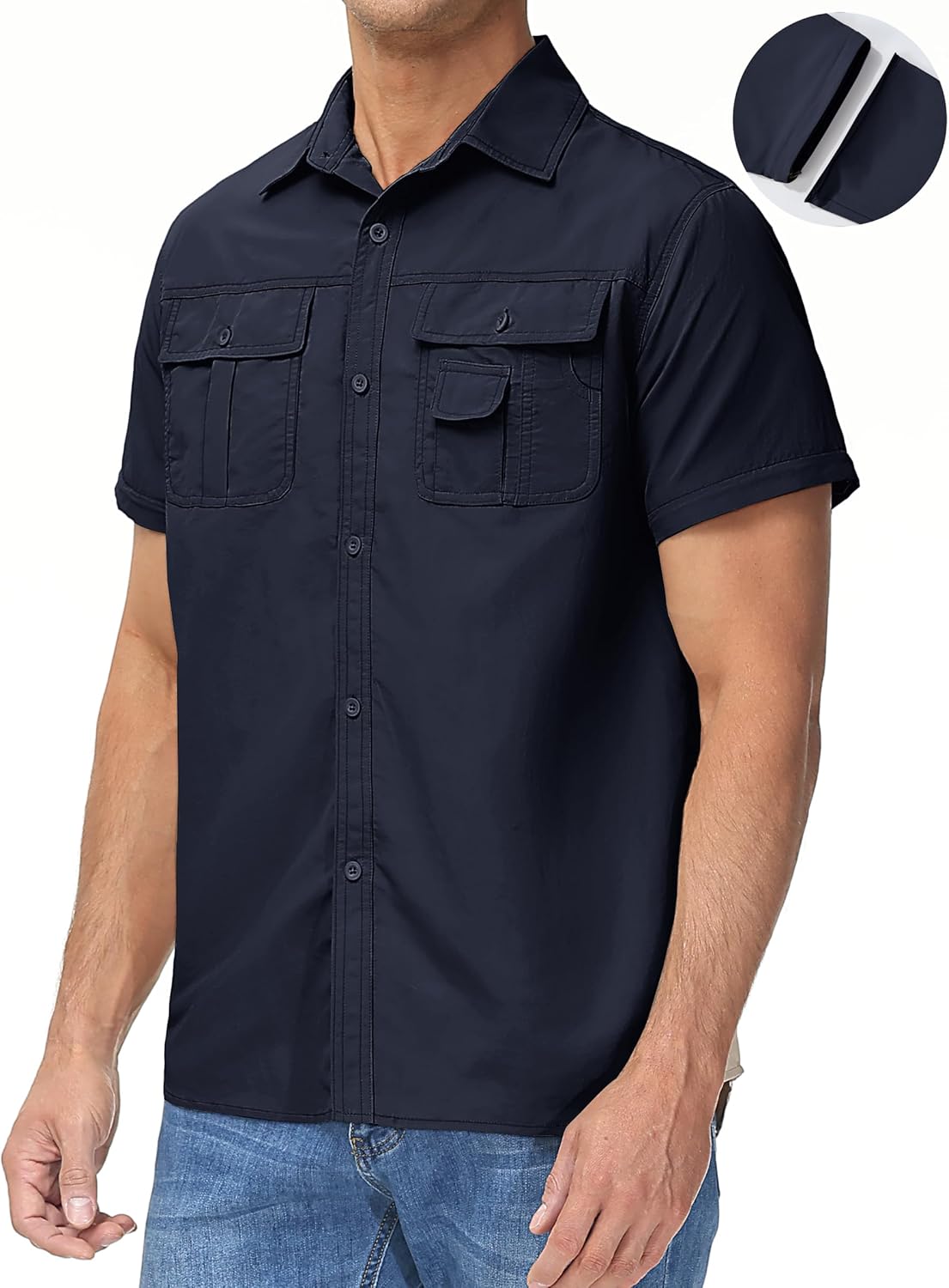 TACVASEN Men's Breathable Quick Dry UV Protection Solid Convertible Long Sleeve Shirt Navy X-Large