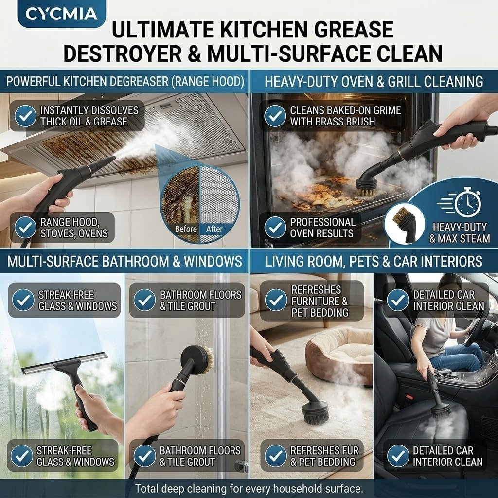 Handheld Steam Cleaner, 6-Level Adjustable Steamer for Cleaning withButtonControl, High Pressure PressurizedPortable SteamCleaning Machine for Home, Kitchen Grease, Car Detailing, Tile, Windows