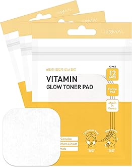 DERMAL Vitamin Toner Pad - Korean Toner Pad for Skin Glow & Vitality Improvement with Vitamin C - Vegan Pure Cotton Square Pads - Travel Kit 12 ea, 3 Pack (Total 36 ea)
