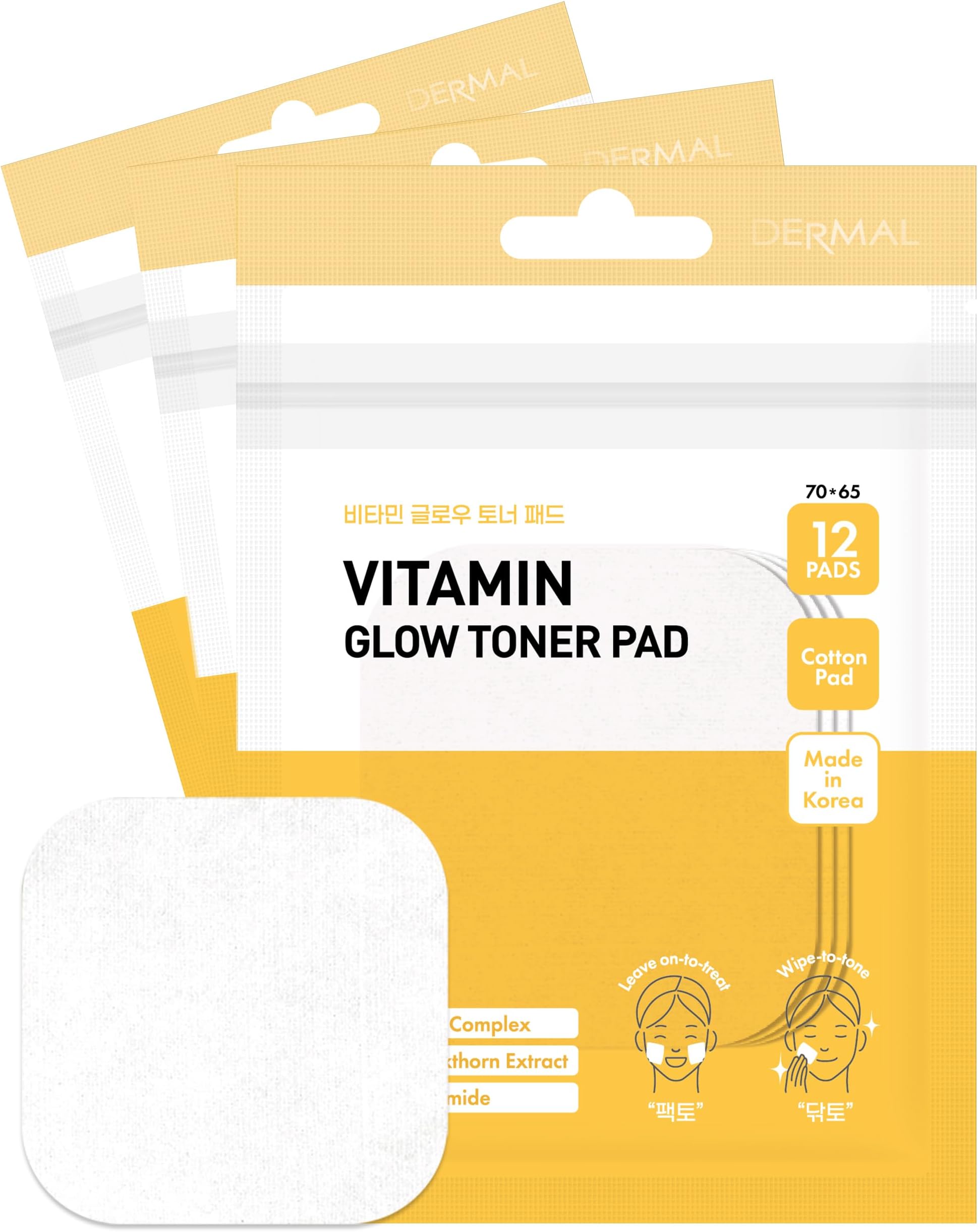 Vitamin Toner Pad - Korean Toner Pad for Skin Glow & Vitality Improvement with Vitamin C - Vegan Pure Cotton Square Pads - Travel Kit 12 ea, 3 Pack (Total 36 ea)