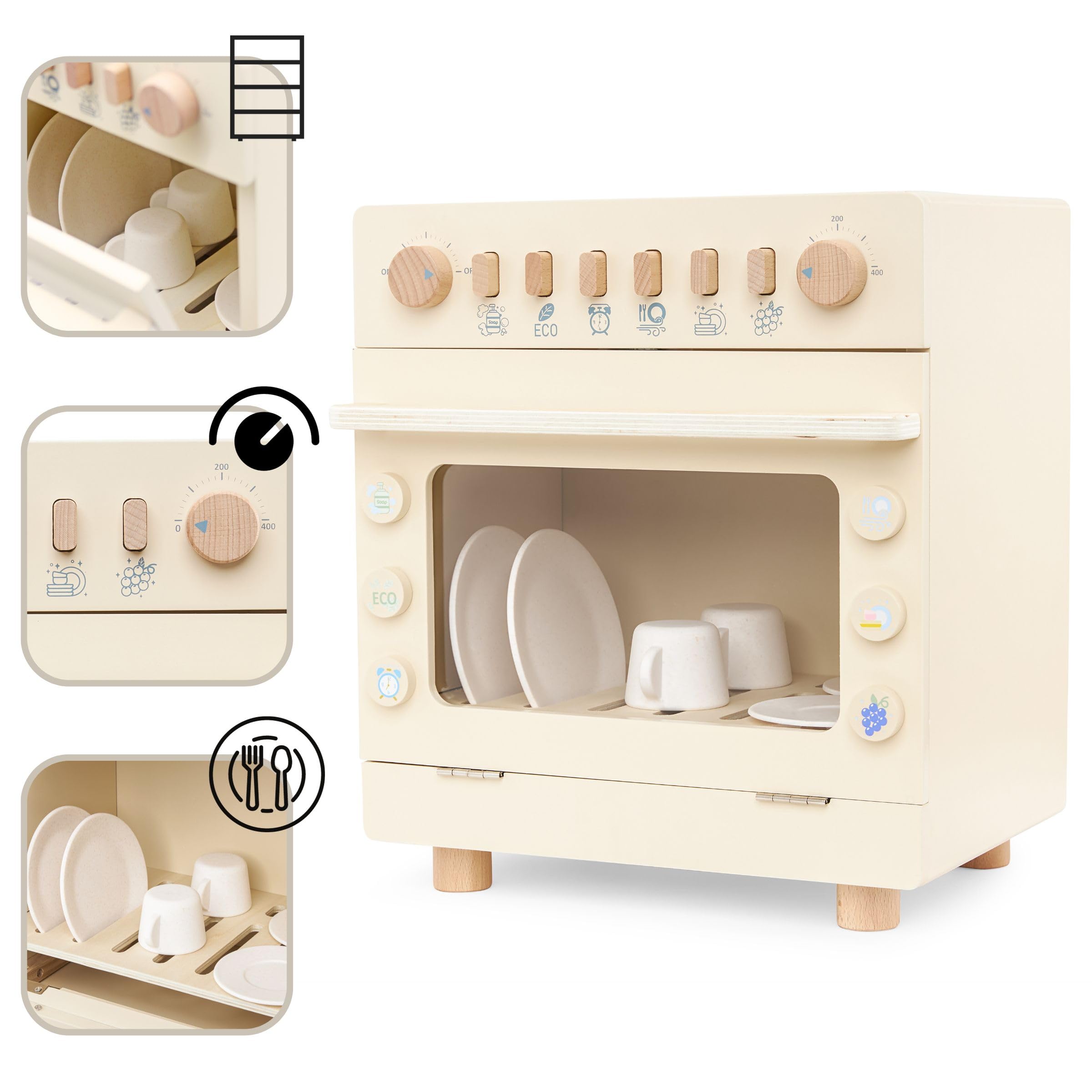 Mamabrum Lavastoviglie Giocattolo in Legno per Bambini - Cucina Giocattolo Legno con 6 Accessori Magnetici - Set Educativo da Cucina per Bambini con Pulsanti Interattivi, da 3 Anni