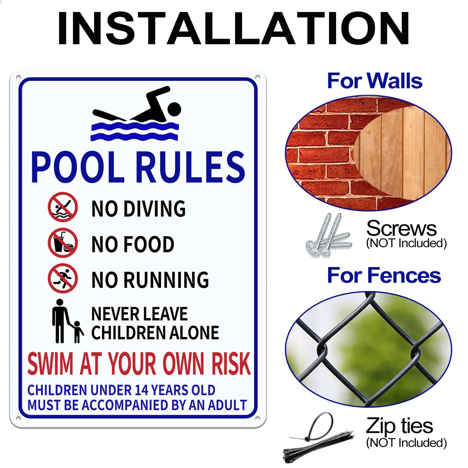 [Paquete 1+1] Letreros de piscina para exteriores, 14 x 10 pulgadas, impresos con "Watch Your Children" y "Swim at Your Own Risk", resistentes a la decoloración y sin óxido, carteles de piscina de