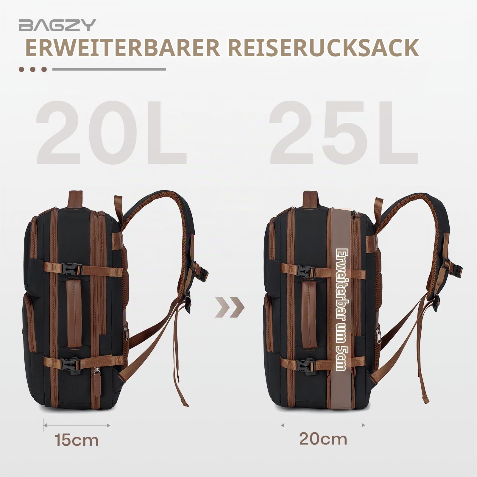 BAGZY Handgepäck Rucksack 40x30x15cm (erweiterbar auf 40x30x20cm) für British Airways, Air France, Ryanair, Wizz Air 15,6" Laptop Rucksack mit USB, Wasserabweisend, Carry-on Luggage für Arbeit,Reisen