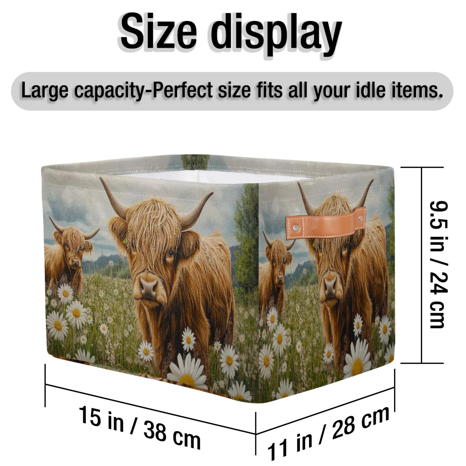 RPWOBBYQ Daisy Flowers Highland Cows Storage Boxes Theme Storage Nursery Baskets with Handle Closet Collapsible Organizer Shelf Bins for Toy Book Cloth 15×11×9.5 IN