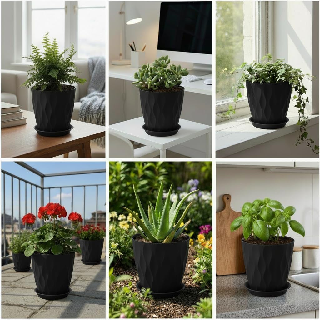 Macetas de 8 pulgadas, paquete de 6 macetas de plástico para plantas de interior y exterior, macetas con agujeros de drenaje y platillo, maceta de jardín para plantas (color negro)