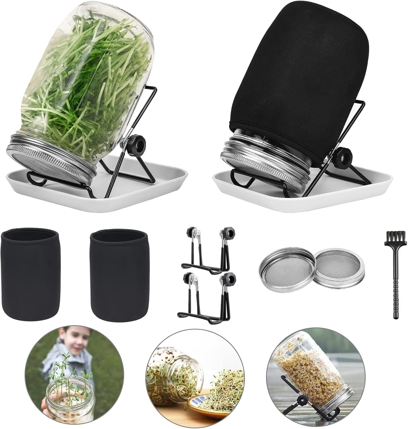 Goreem Sprouting Kit, 2 Pieces Seed Sprouting Jar Kit,2 Wide Mouth Quart Mason Jars with 304 Stainless Steel Screen Sprout Lids,86mm Caliber with Tray,Stand,Shading Bag and Brush,for Bean Sprouts
