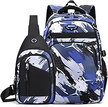 Tanou Sac a Dos College ado Garcon de 2 Pièces, Grand Cartable Garcon Primaire Sacs à Dos pour Enfant Impermeable, Sac Ecole Renforcé Daypack en Nylon pour Garçons 10 à 18 Ans, Camouflage Bleu