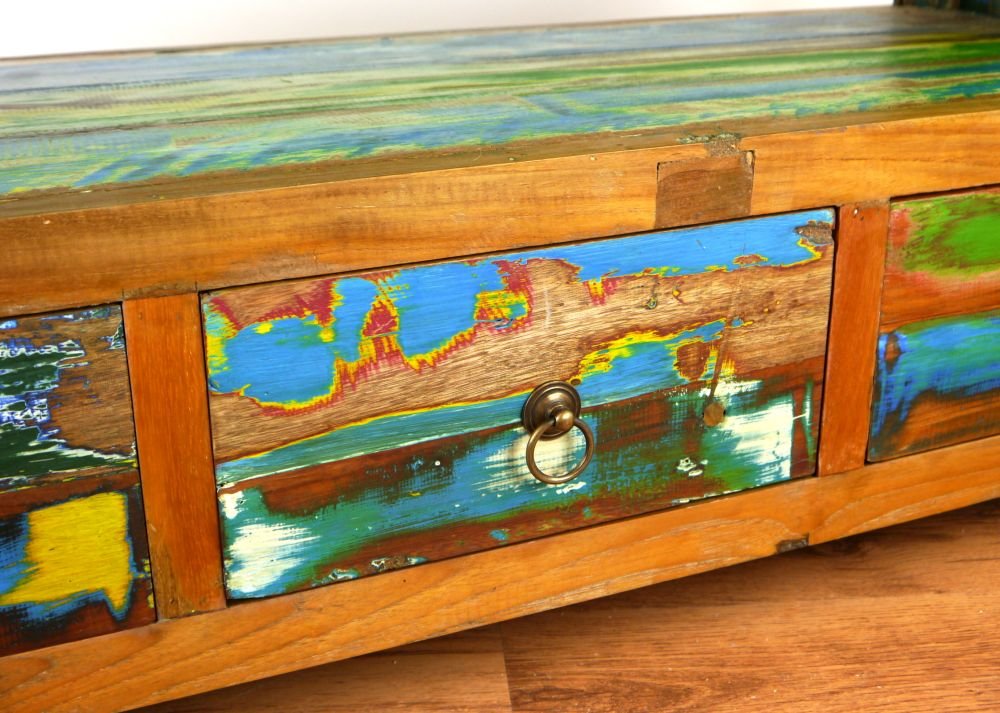 livasia Asiatisches Sideboard aus Massivholz – 110x40x50cm – Handgefertigt aus Teak Holz, Kommode aus recycelten Fischerbooten, Robust und Zeitlos, Shabby Look (Bunt)