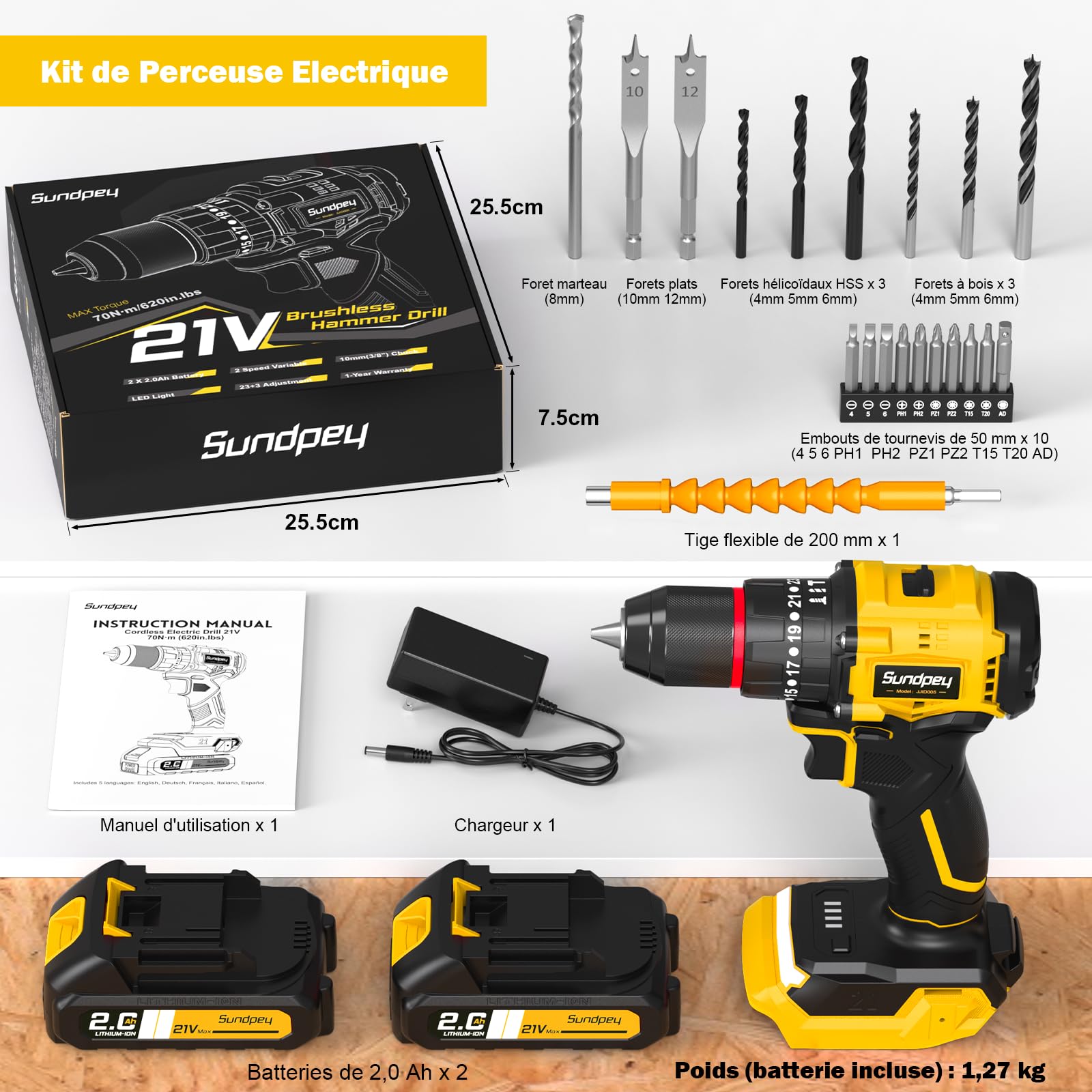 Sundpey Perceuse Visseuse Sans Fil 21V - Max 70Nm Perceuse à Percussion Brushless avec 2 Batteries 2.0Ah, 23+3 Réglages de Couple, Mandrin 10mm, LED, 2 Vitesses Visseuse Devisseuse Sans Fil Bricolage