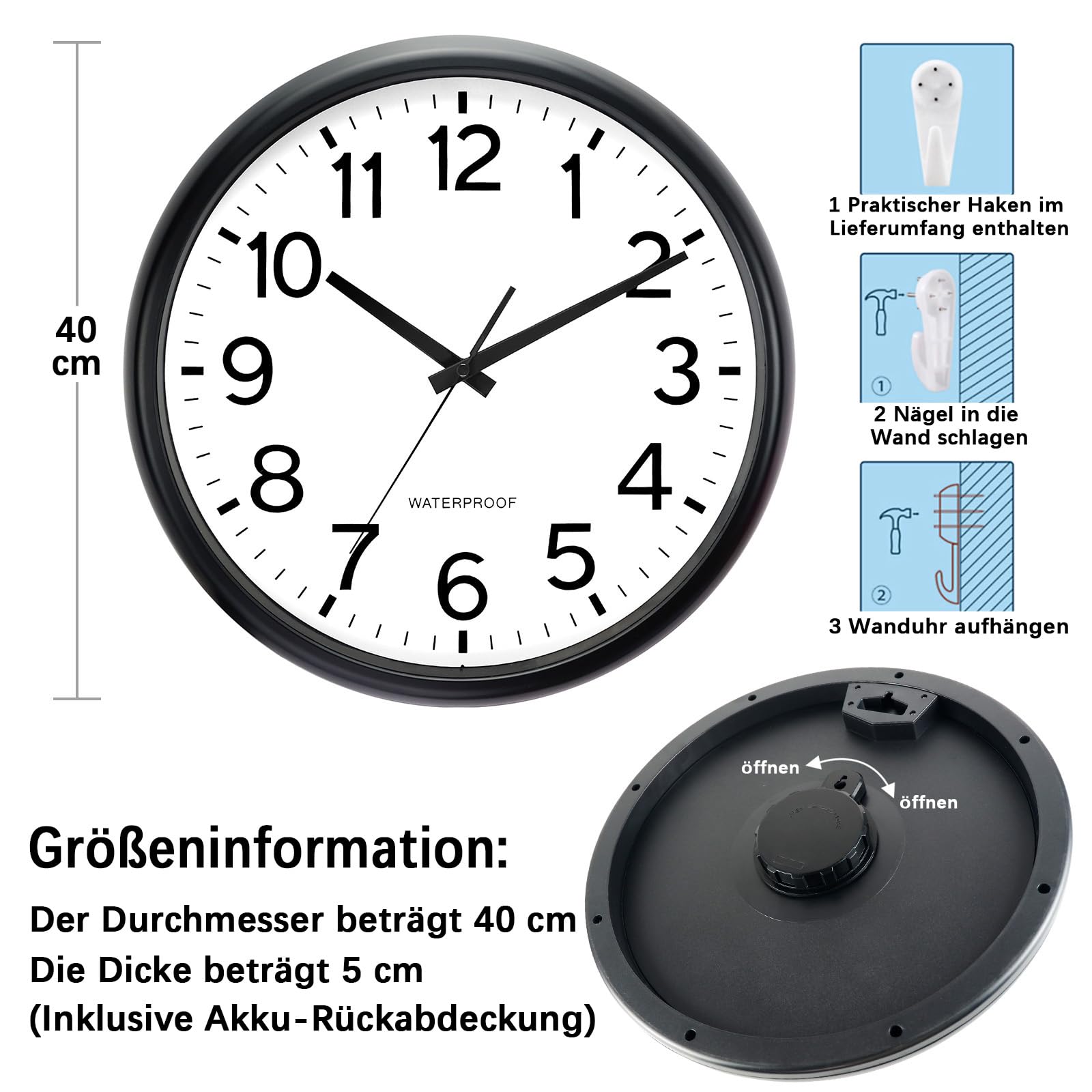Orologio da giardino, impermeabile, da giardino, resistente alle intemperie, facile da leggere, silenzioso, funzionamento a batteria, per esterni, piscina, balcone, bagno (nero)