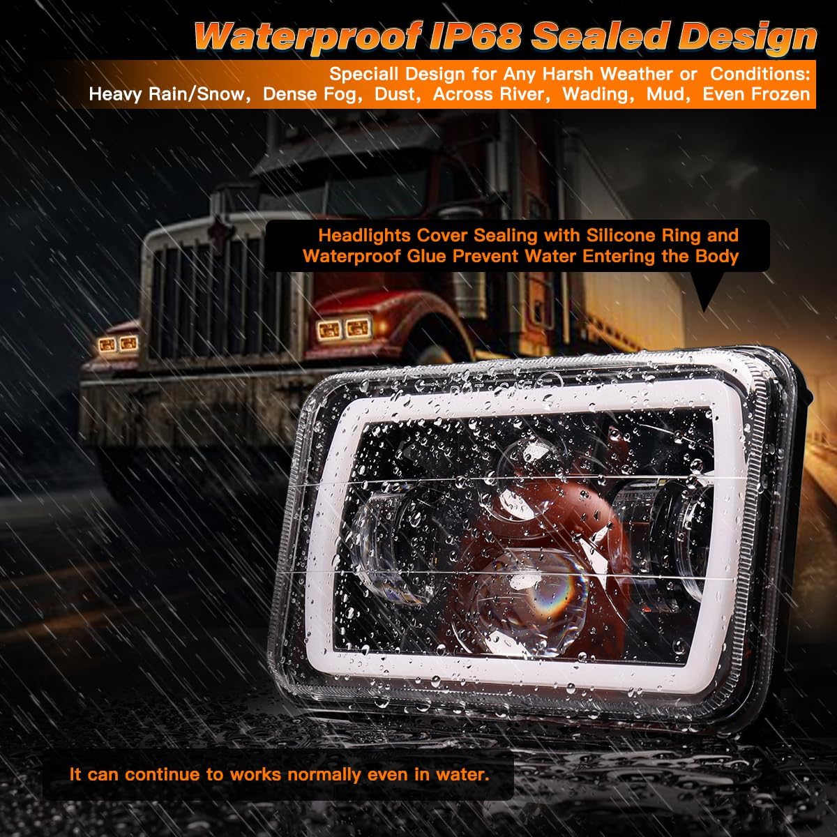 4x6 Inch LED Headlights DOT Approved 2PCS High Low Beam White/Amber DRL Turn Signal Rectangle LED Headlight with H4651 H4652 H4656 H4666 H6545 H4668 H4642 for Truck Kenworth Peterbilt