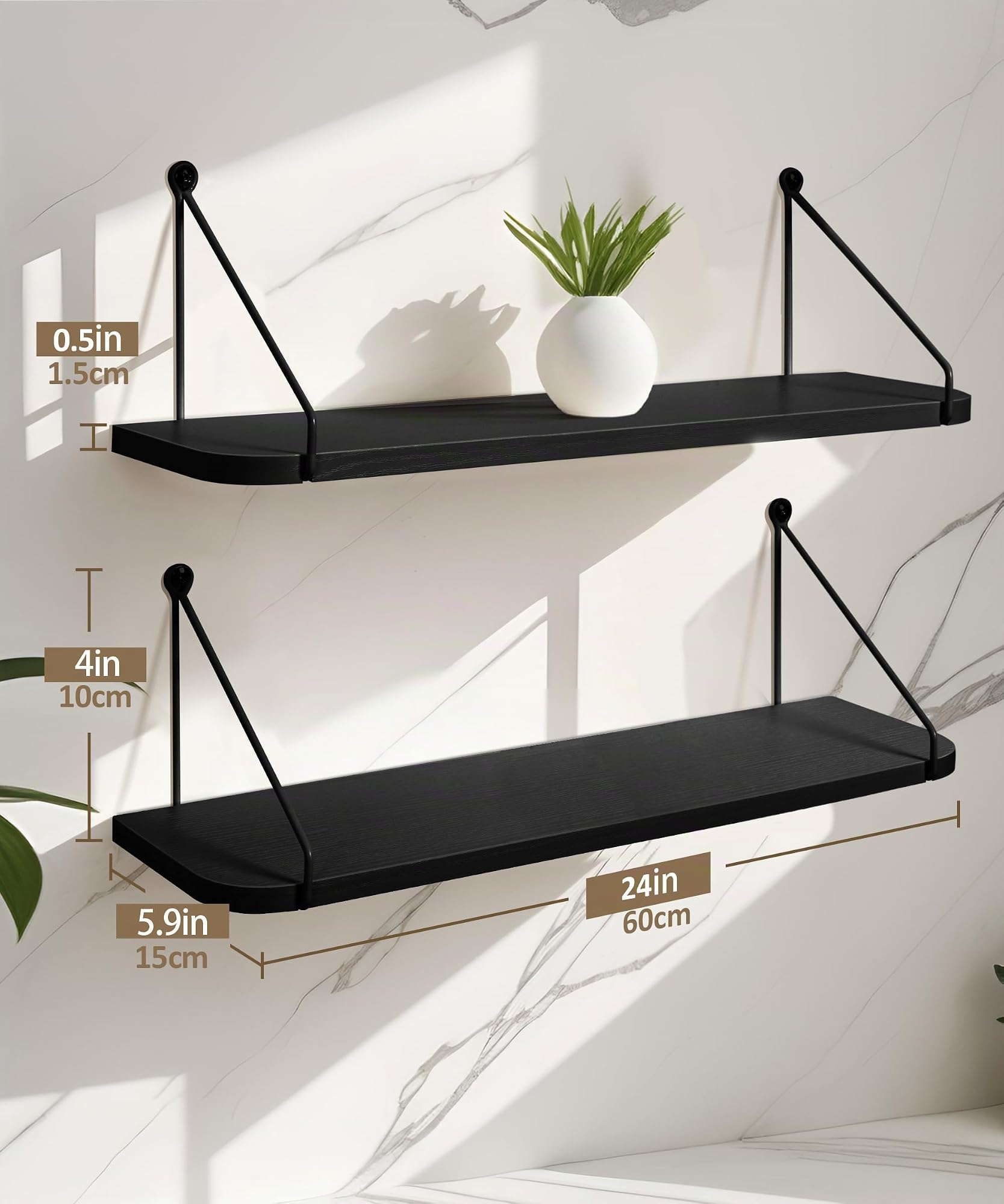 Afuly Estantería de Pared Larga, Baldas de Madera Negra con Soporte Metal | 60cm Repisas de Pared Juego de 2, Balda, Almacenaje, Decoración, Balda Flotante para Fotos, Plantas, para Salón, Dormitorio