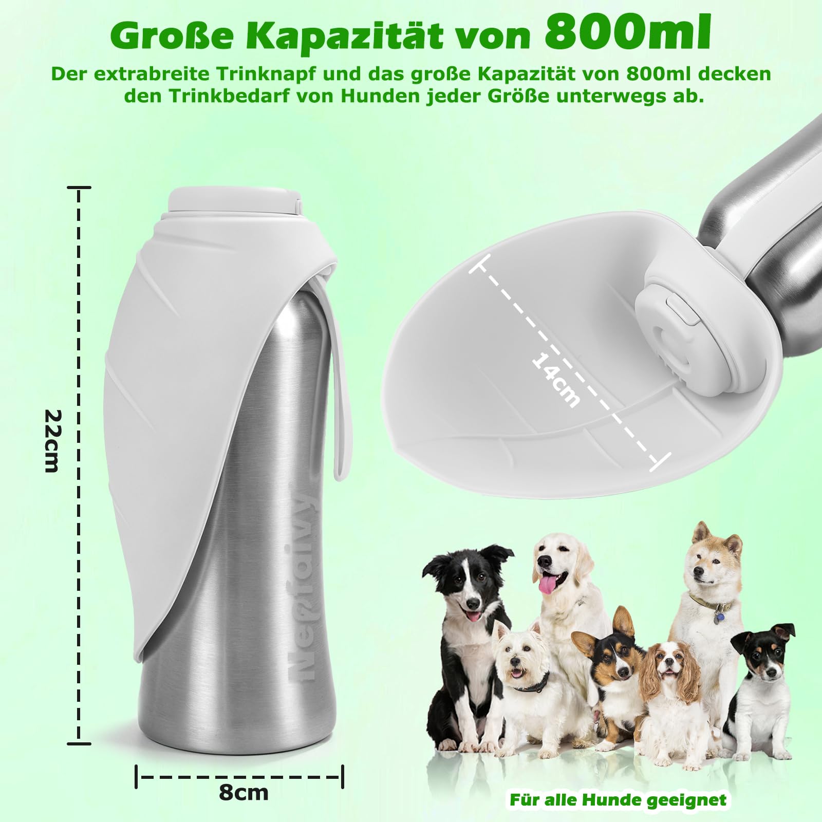 Nepfaivy Trinkflasche Hunde für Unterwegs Edelstahl 800ml - Auslaufsichere Hundetrinkflasche für Unterwegs mit Drucktaste, Tragbare Wasserflasche für Alle Hunde zum Reisen, Wandern und Campen, Weiß