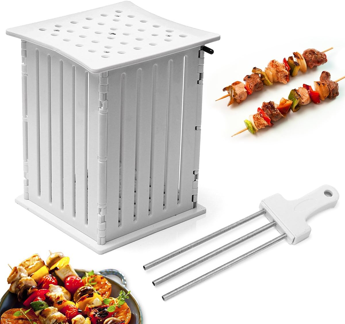 Janolia 36 Hole Skewers Food Slicer, BBQ Brochette Grill Shish Kebab Maker Box Kit Tool, Portable Barbecue Grill Roasted Meat Cutter with a Skewers Pusher, White 6.3x5.7x7.3inch