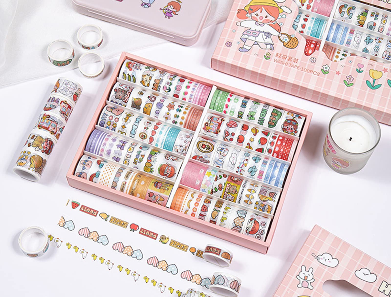 Washi Tape, 100 Rollos De Cinta Adhesiva Decorativa Washi Tape, para DIY Manualidades, Revistas, Planificadores, Tarjetas, Scrapbook,Calendario, Diario De La Biblia Y Envoltura De Regalos,A