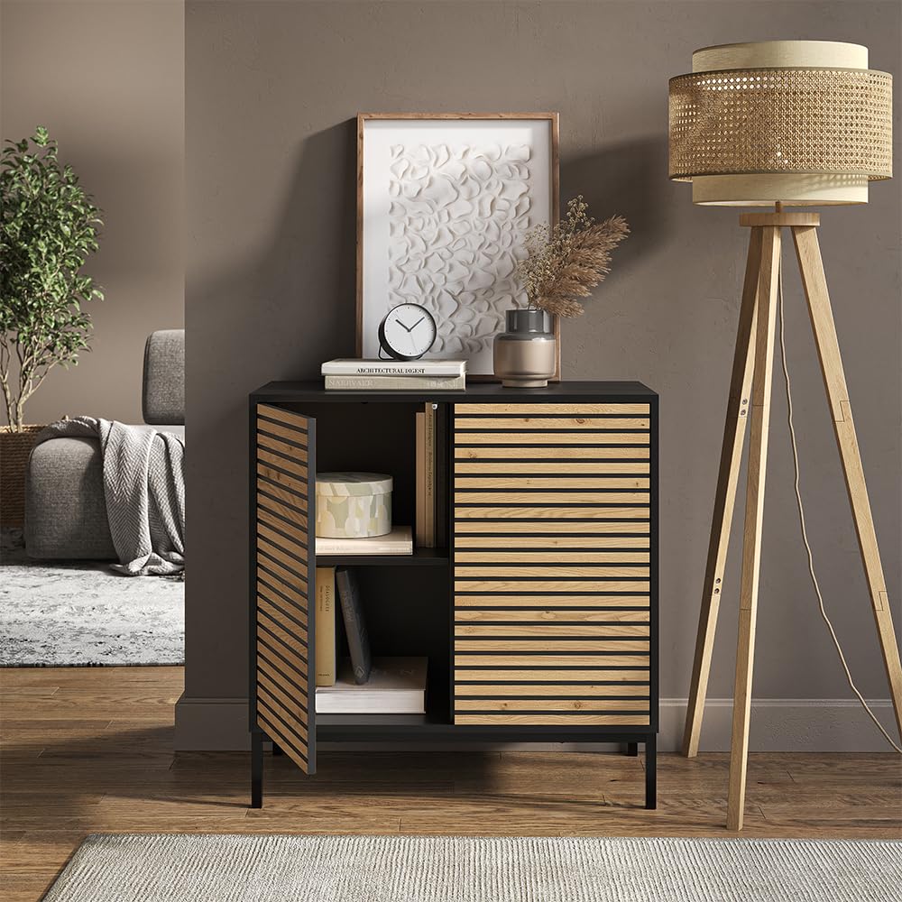 Vicco Kommode Eliza, Goldkraft Eiche/Anthrazit, 80 x 81.2 cm mit 2 Türen, Push-to-Open Mechanismus und pflegeleichter Oberfläche