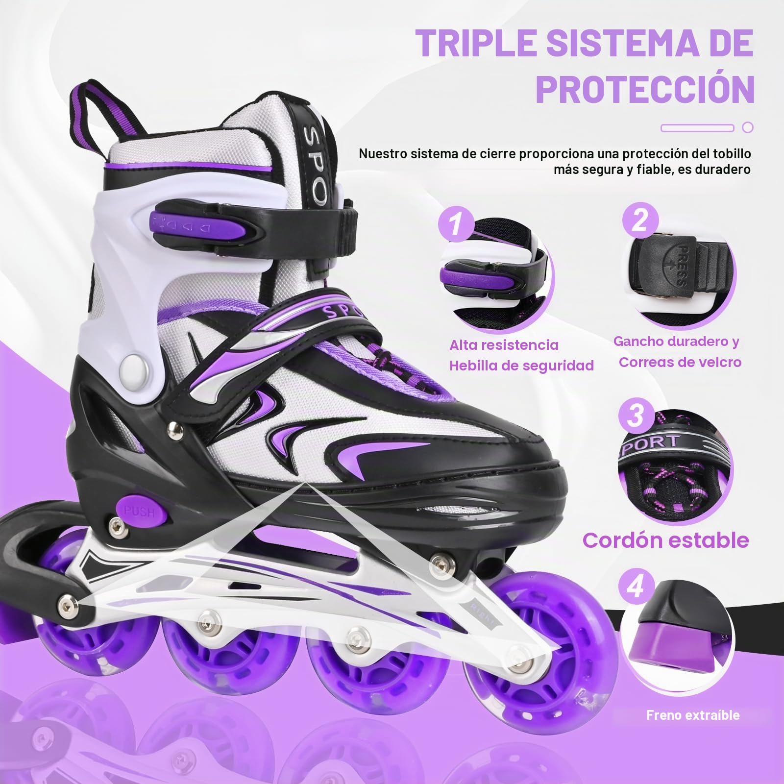 Patines en línea Ajustables para niños y niñas, Patines en línea para niños, Patines en línea para niñas y niños para Uso en Interiores y Exteriores (Negro y Morado, M)