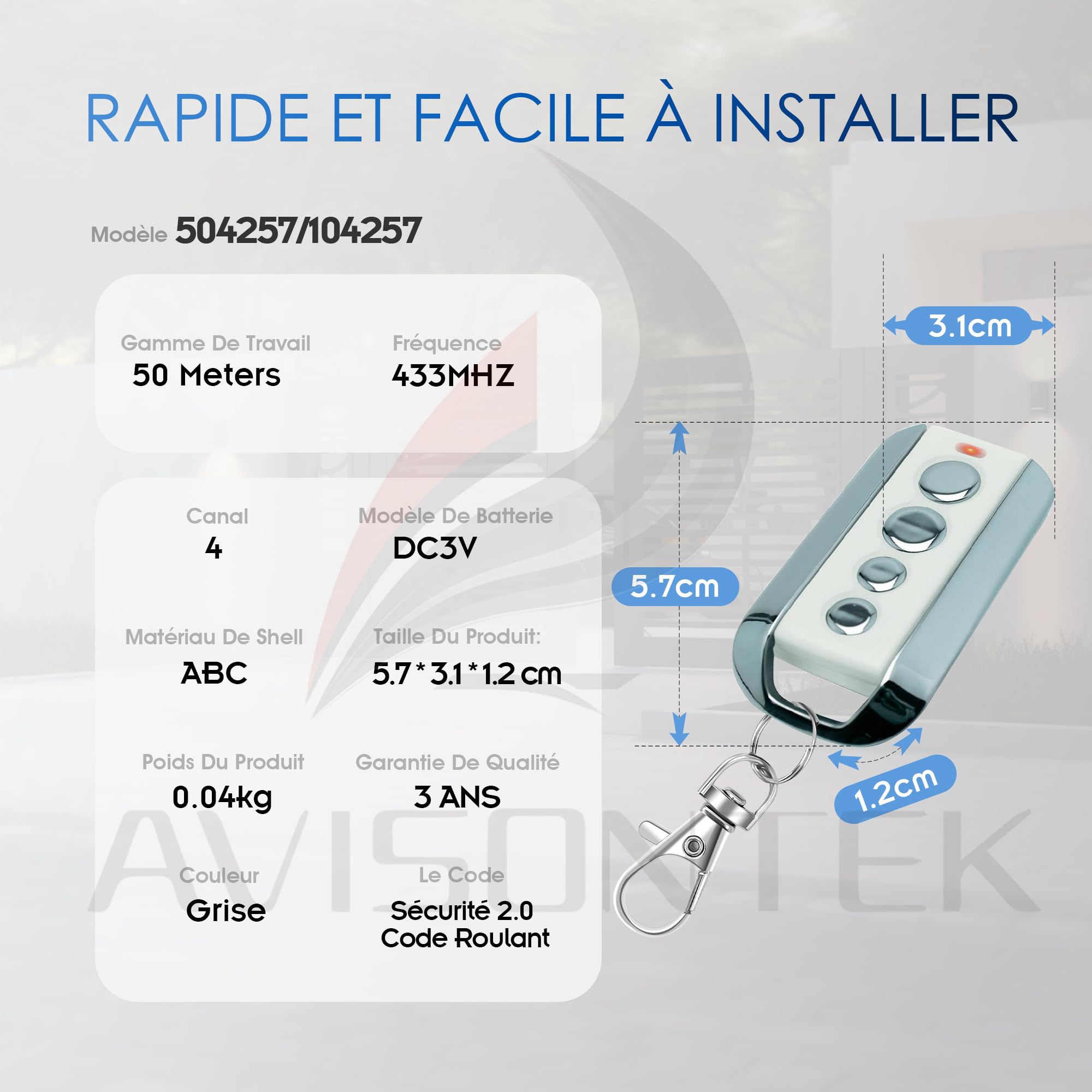 2X 504257 104257 AVIDSEN Télécommande Motorisation Portail Porte de Garage | Garantie de 3 Ans Certifié CE Compatible avec AVIDSEN EXTEL THOMSON