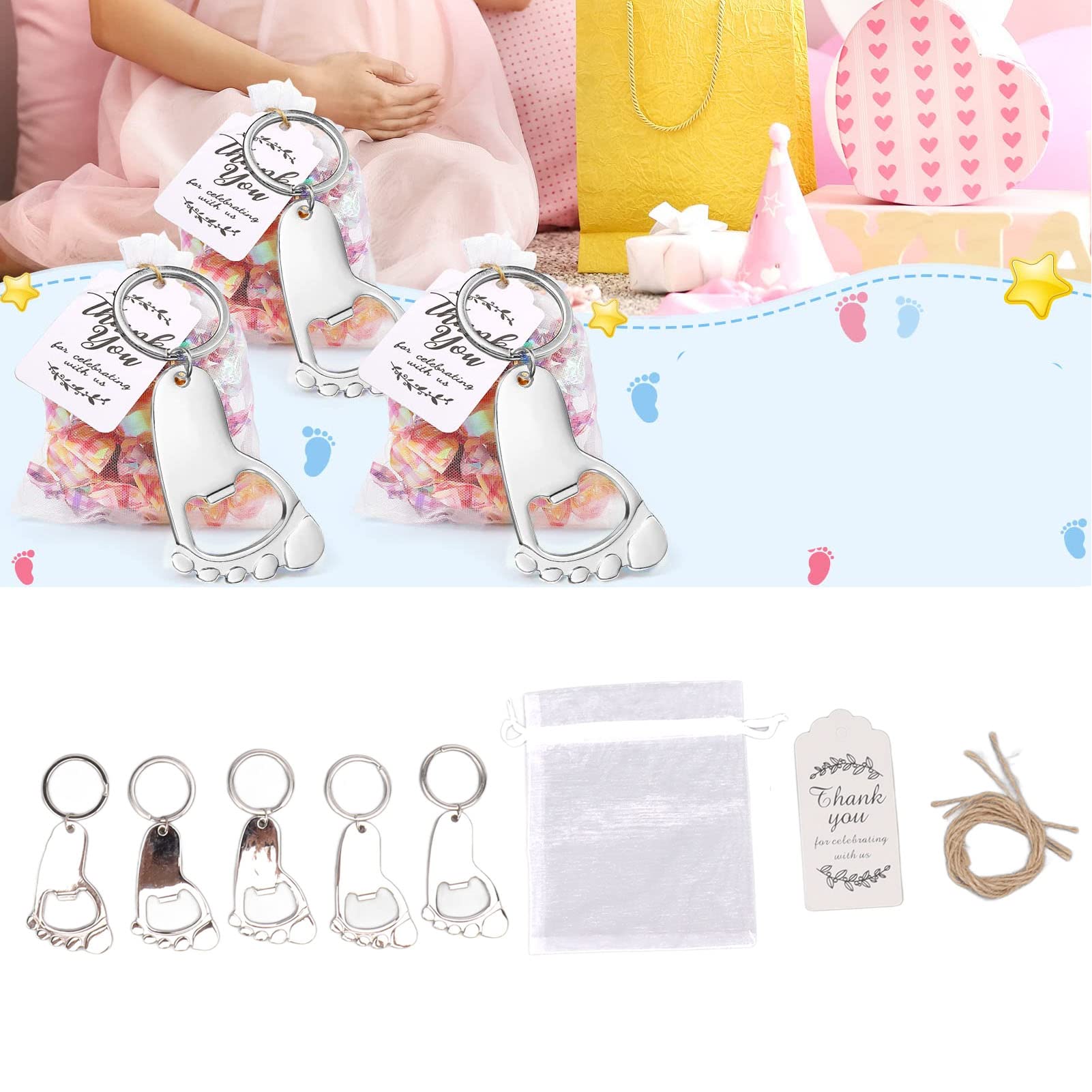 Baby Fußabdruck Schlüsselanhänger, Gastgeschenke Mit Schreibbarem Etikett Und Rostfreiem Flaschenöffner Für Babyparty Taufe Hochzeit Dekoration Mit 24er Set Personalisierbarer