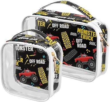 Sinestour Monster Trucks Black Clear Toiletry Bag with Zipper Travel Makeup Pouches with Handle Cosmetic Organizer Case Set for Women Men Carry On