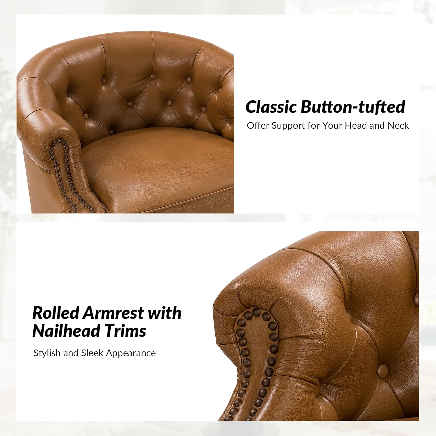 Genuine Leather Swivel Barrel Accent Chair with Solid Wood Frame, Top-Grain Chesterfield Armchair with Removable Cushion, Fully Assembled, Camel