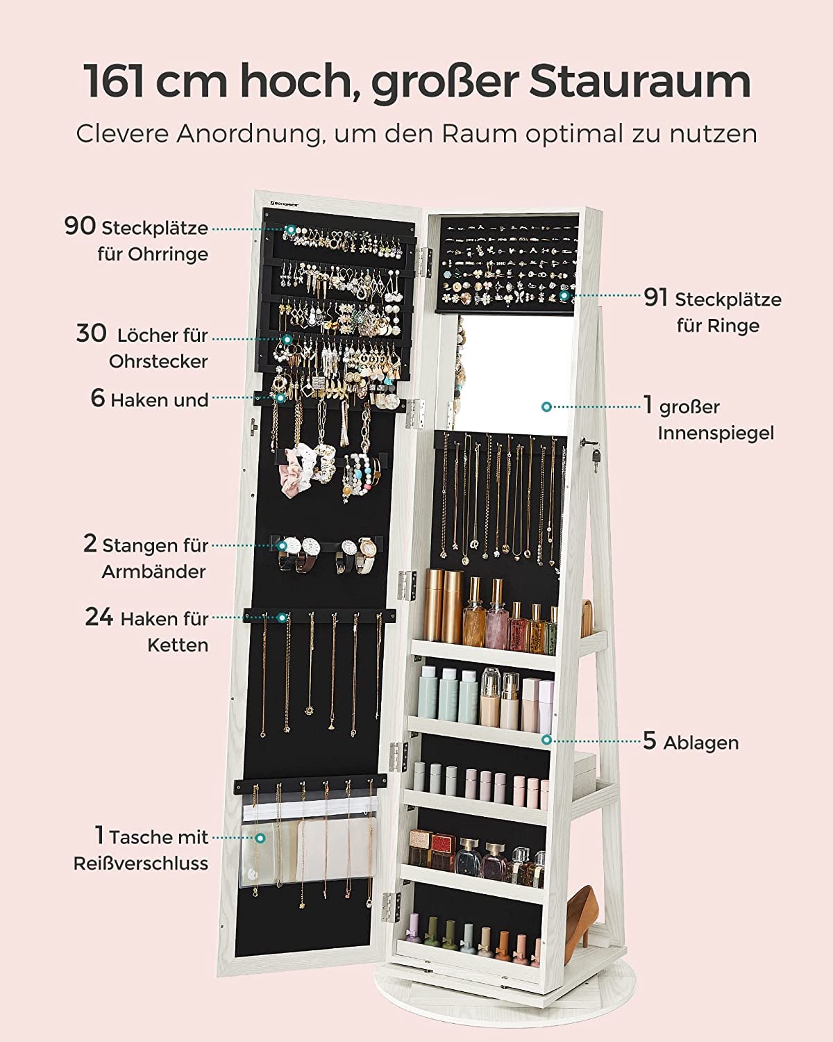 SONGMICS Schmuckschrank, Standspiegel, Spiegelschrank, mit Ganzkörperspiegel, um 360° drehbar, Schmuckaufbewahrung, abschließbar, mit Schlüsseln, Geschenkidee, weiß mit Grauer Holzmaserung JBC62W