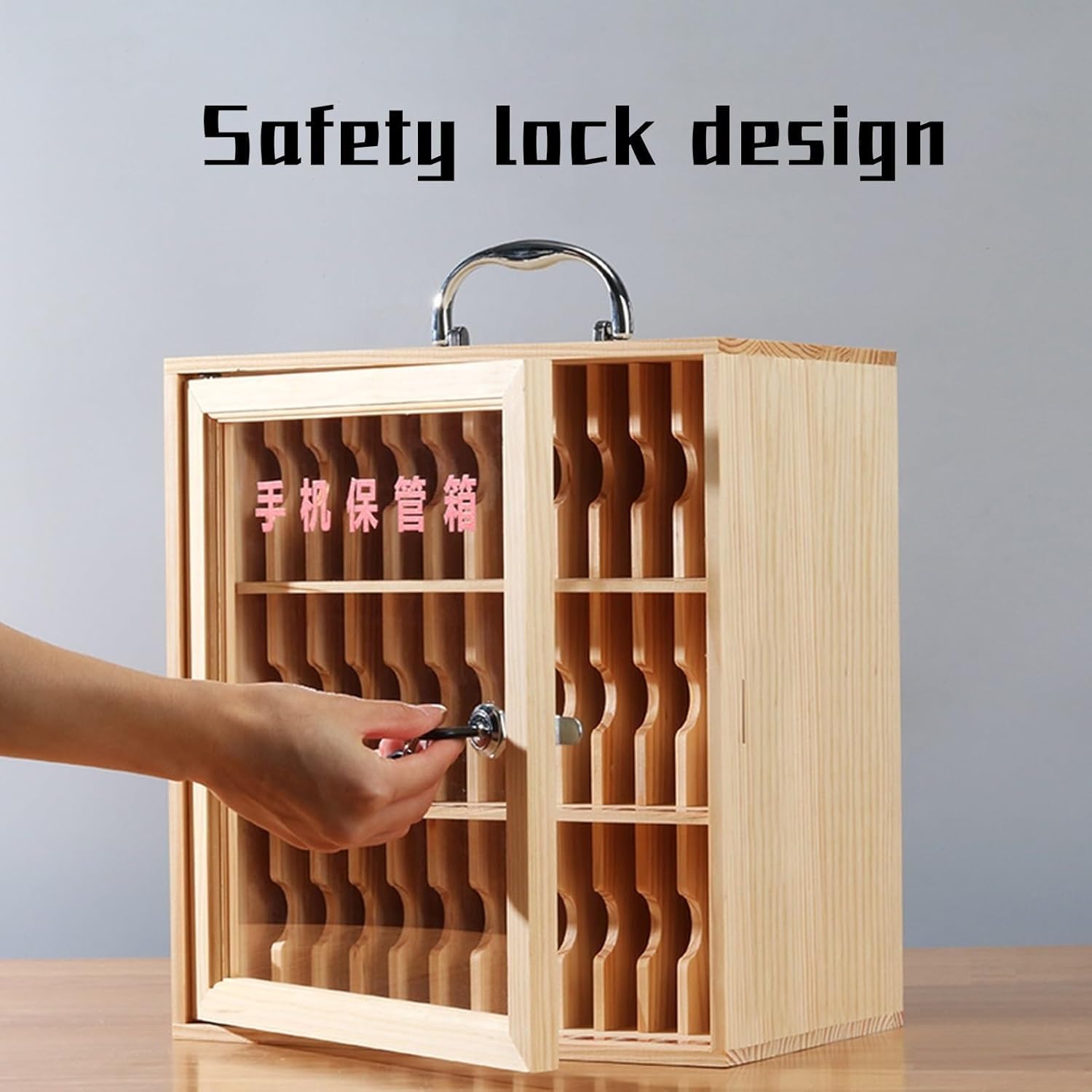 Wood Cell Phone Storage Cabinet with Portable Handle, Key Lock & Tags - Wall-Mounted Locker for Classroom, Office, Gym (Brown, Size: 12 Slots