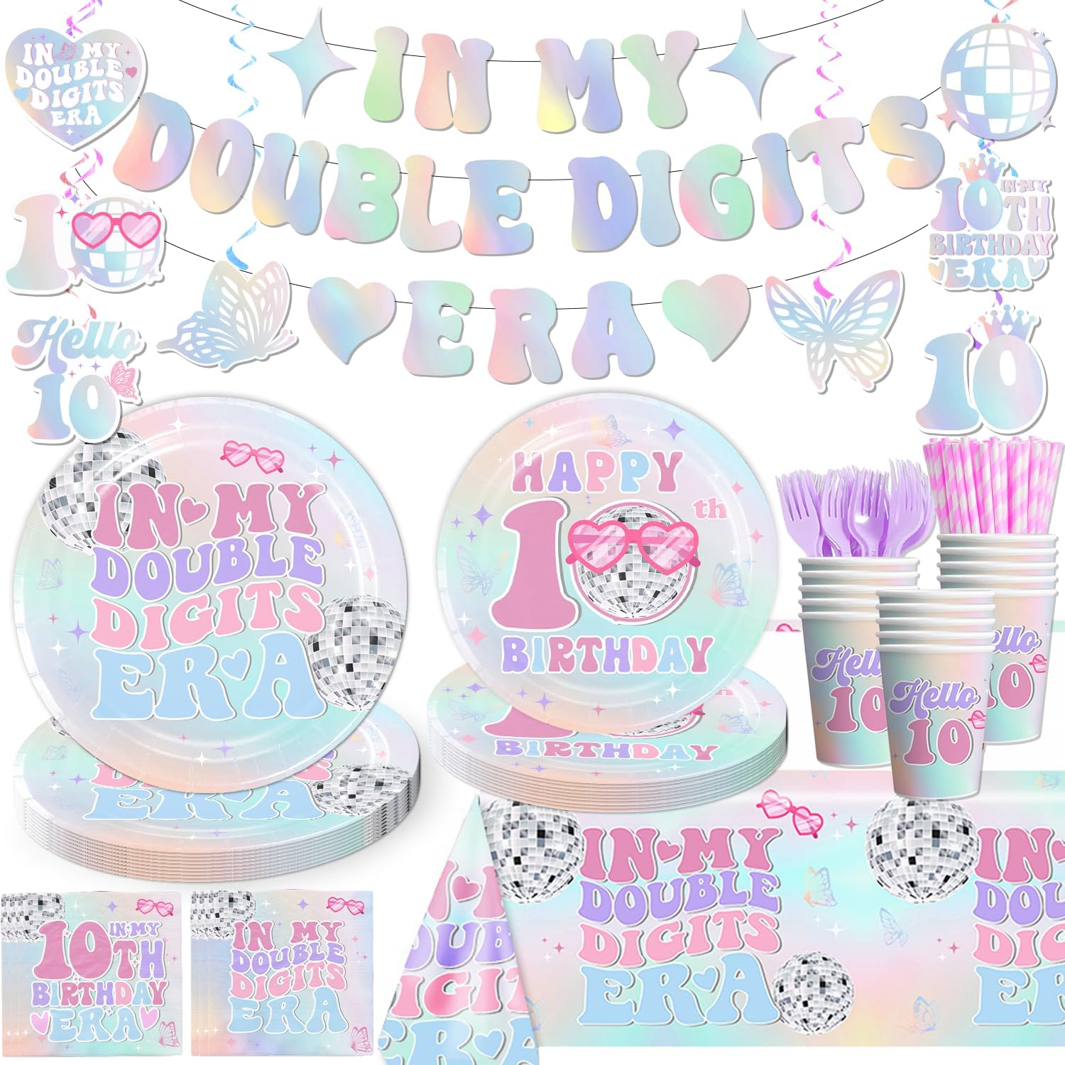 225pcs 10th Birthday Decorations for Girl, Double Digits Birthday Girl Thickened Plates and 2 Tablecloths for Parties and Gatherings In My Double Digits Era Tableware Set Serves 25