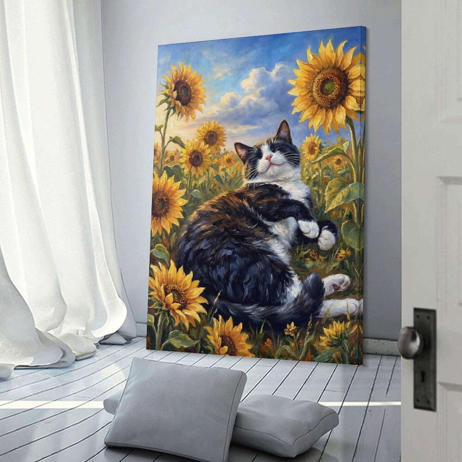 Junmoney Home Decor Wall Art Tuxedo Cat in Sunflower Field, 24x36inch(60x90cm), for New Homes, Bedrooms Or Workspaces, Home Decor Gift with Stylish Appeal