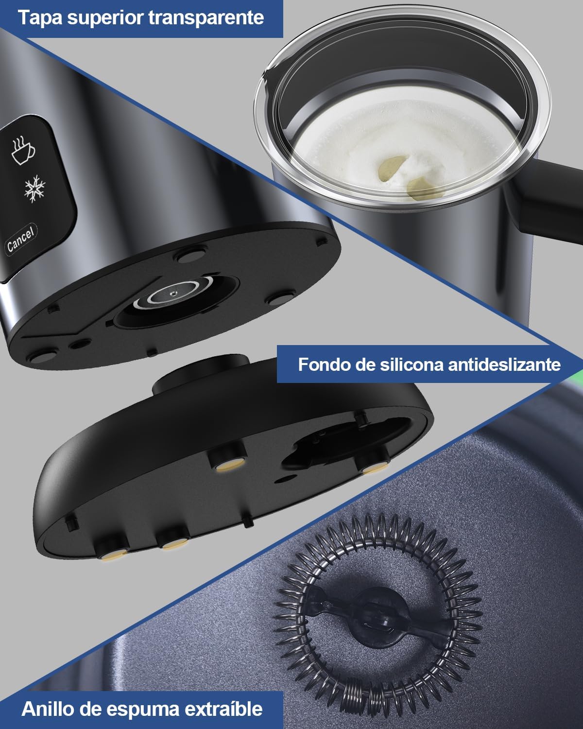 Detailed view of Homtronics frother components: transparent lid, non-slip base, and removable whisk.