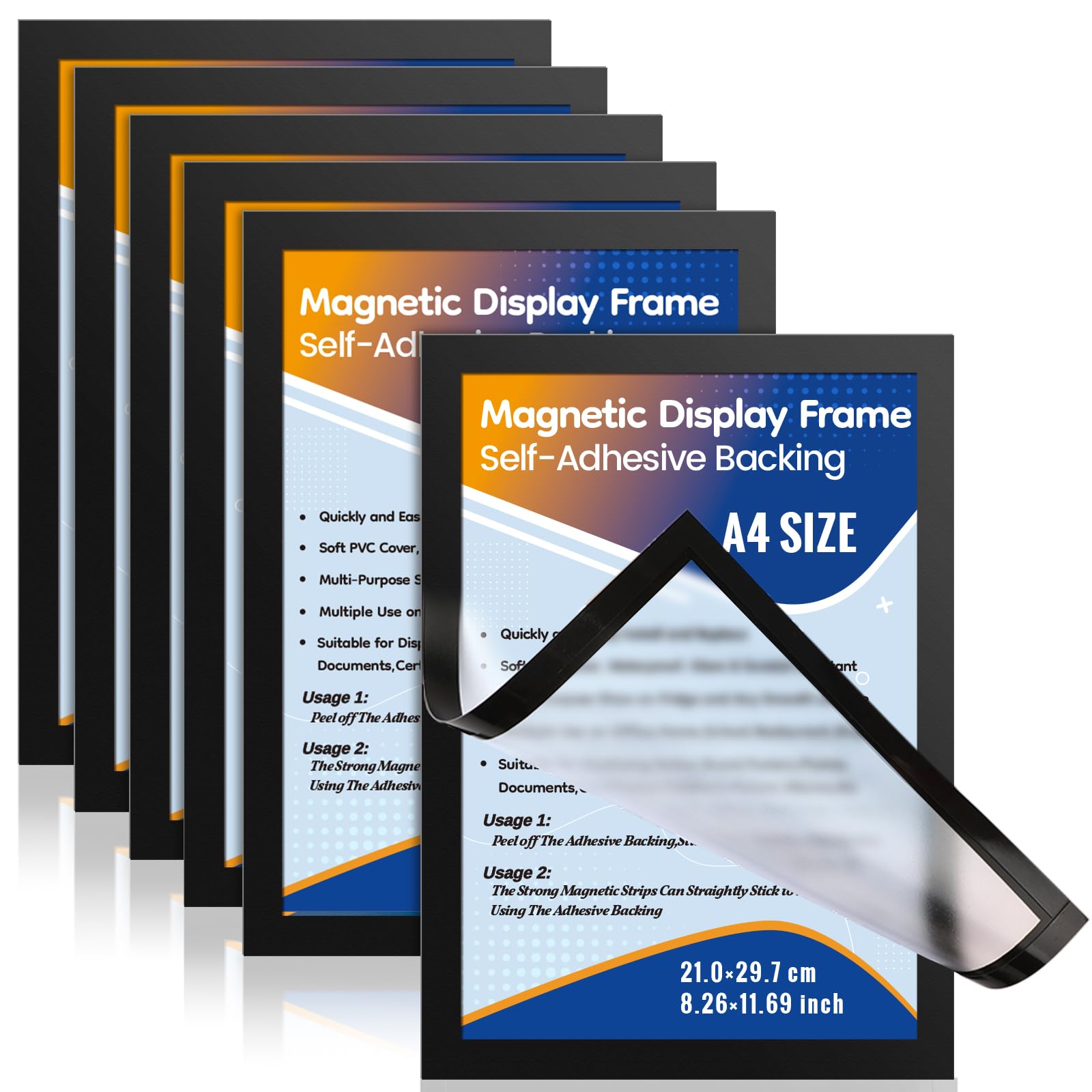 Lot de 6 Cadres Magnétiques A4, Porte-Affiche Autoadhésif pour Posters, Photos, Documents, Design à Changement Rapide, Cadre Magnétique pour Affichage sur Mur, Fenêtre, Porte, Réfrigérateur