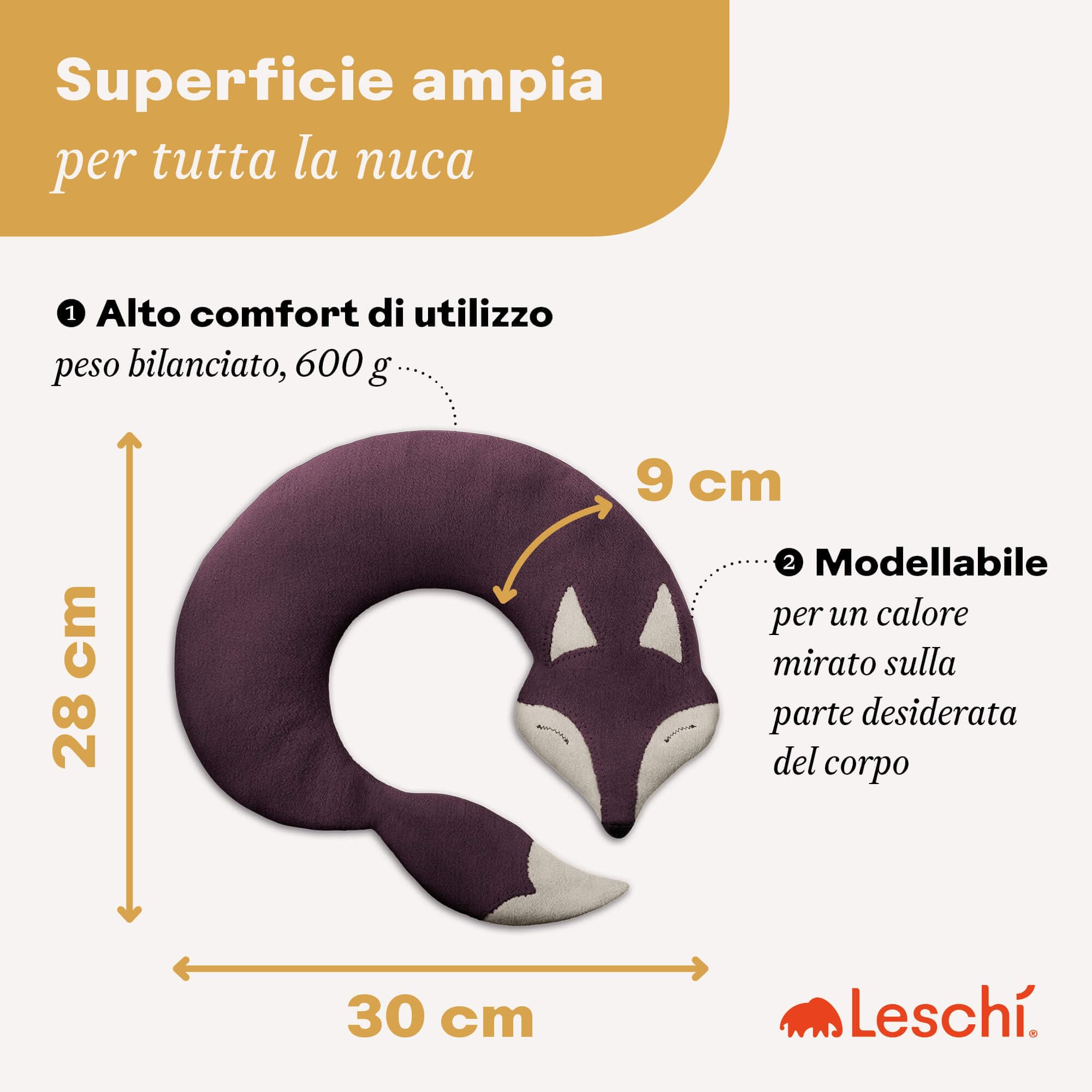 LESCHI Cuscino cervicale termico per microonde - In cotone bio con grano biologico - Cuscino riscaldante ideale per sciogliere tensioni a collo, spalle e schiena - Volpe, viola