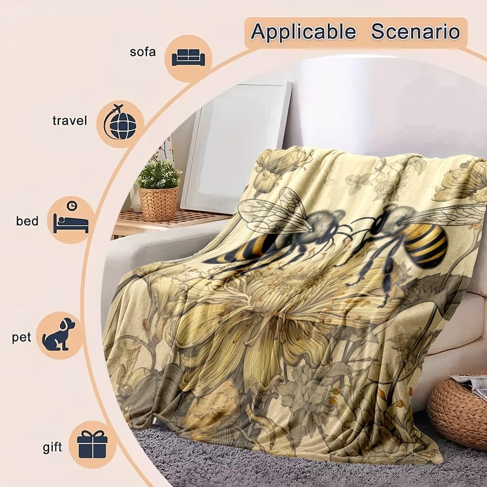 Generico Antystatyczny lekki wełniany koc XXL 180 x 220 cm Vintage kwiaty pszczół super miękki koc flanelowy jasnożółty na łóżko sofa biuro ochraniacz na kolana łóżko samochód kemping plaża