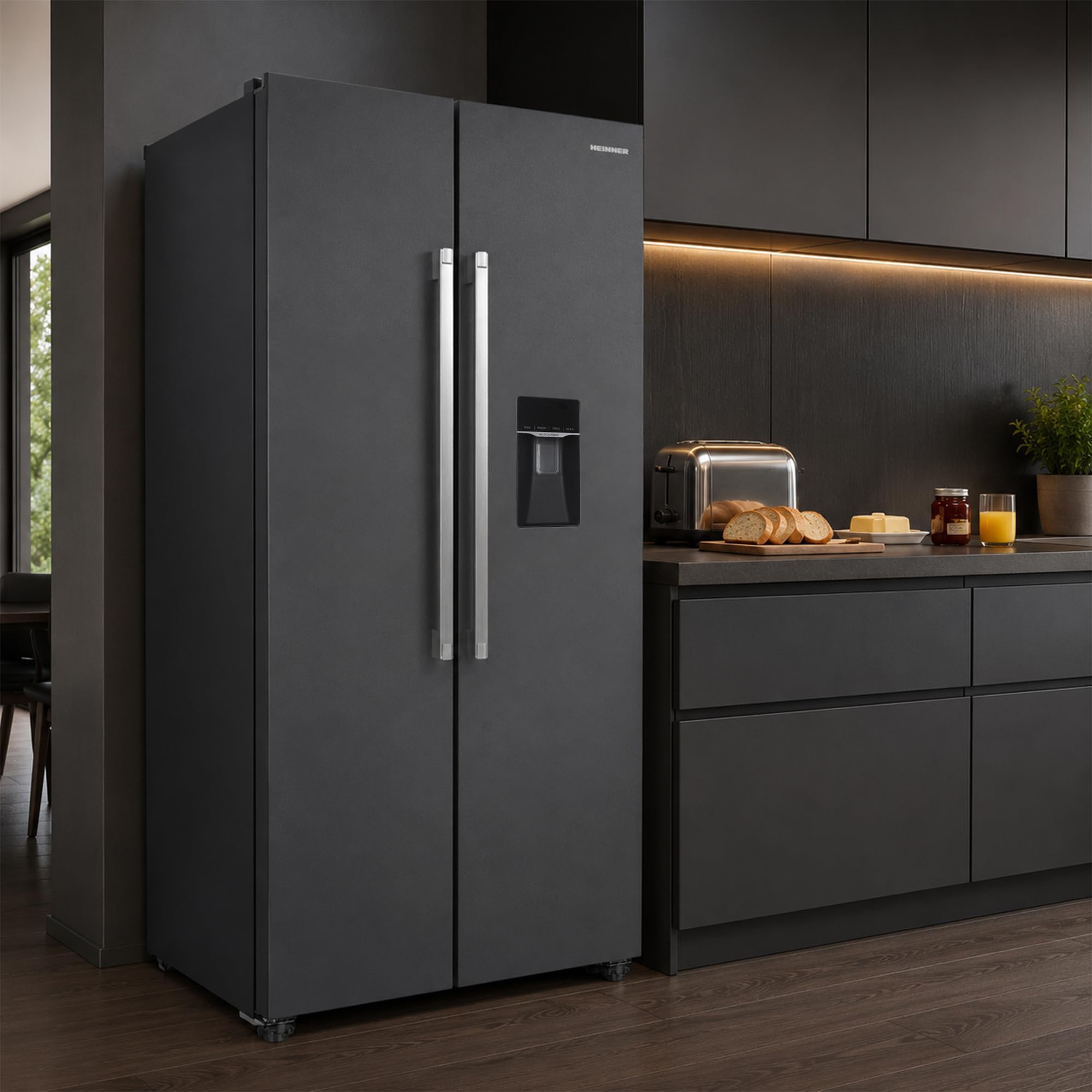 Side-by-Side Kühlschrank 439 L – Total No Frost, Inverter-Kompressor, Wasserspender – amerikanischer Kühlschrank mit Doppeltür, Dunkelgrau, Energieeffizienzklasse E – HSBS-HM439NFINVDGWDE