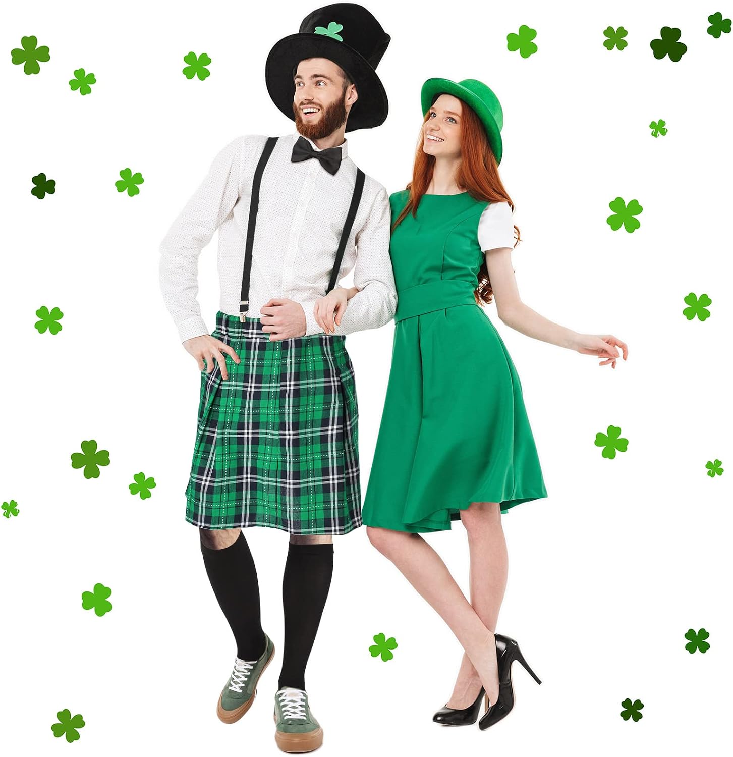 Lasnten 4 Pcs St. Patrick's Day Kilt Costume Set Includes Green Plaid Pleated Costume Tartan Skirt Kilts, Adjustable Suspenders, Bow Tie and Black Stockings for Men Women Irish Clothing Accessories