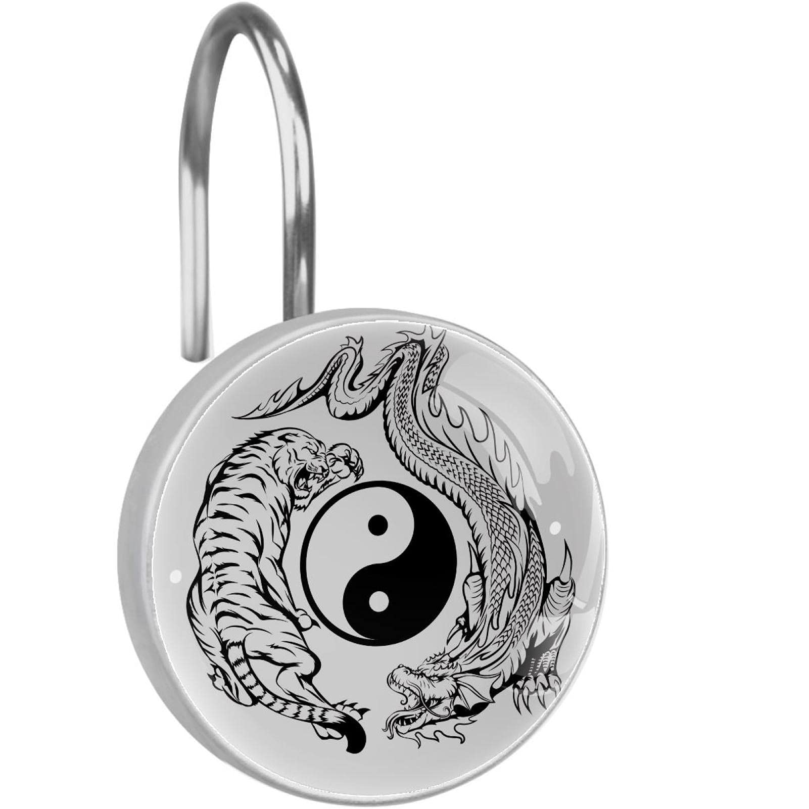 Crochets pour rideau de douche dragon et tigre en inox pour salle de bain zen
