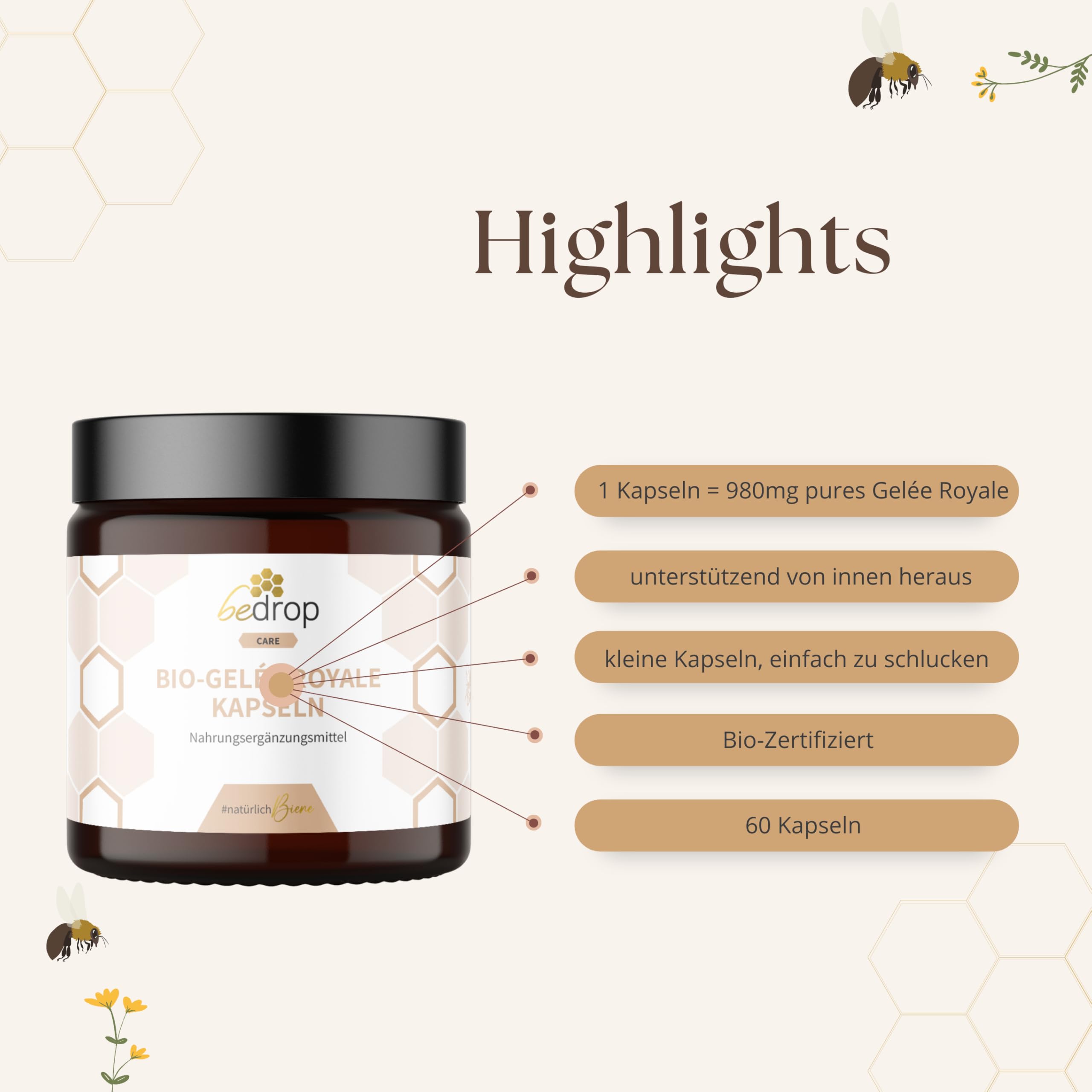 bedrop Wohlfühlset | Bee Cream (Bienengiftsalbe) 100g + Gelée Royale Kapseln 60 Kapseln, reich an Biotin, Folsäure & mehr
