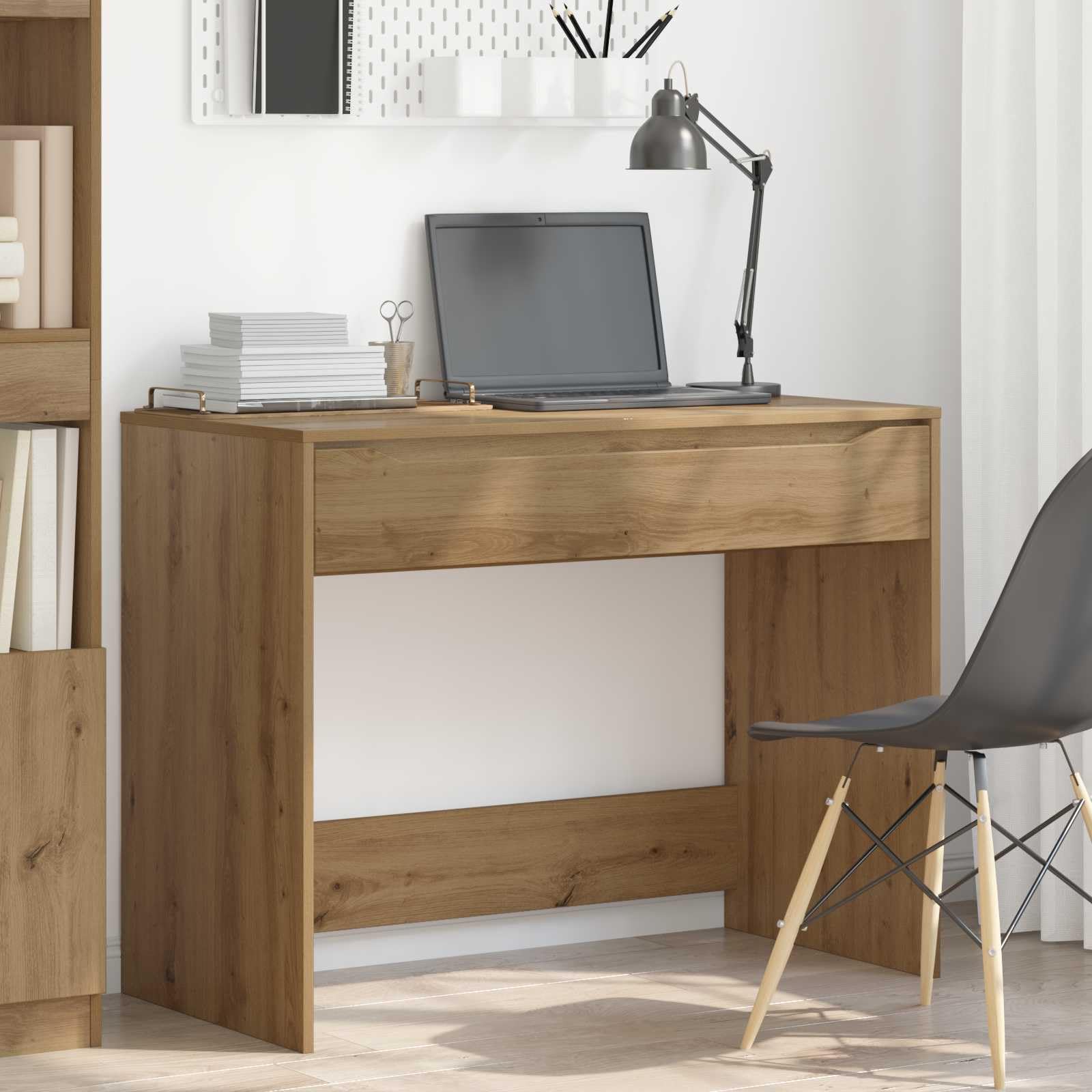 Biurko Artisan dąb drewnopochodny z szufladą, 100 x 50 x 78 cm, do domu, biura, gabinetu, stabilna powierzchnia do monitorowania laptopa i porządku