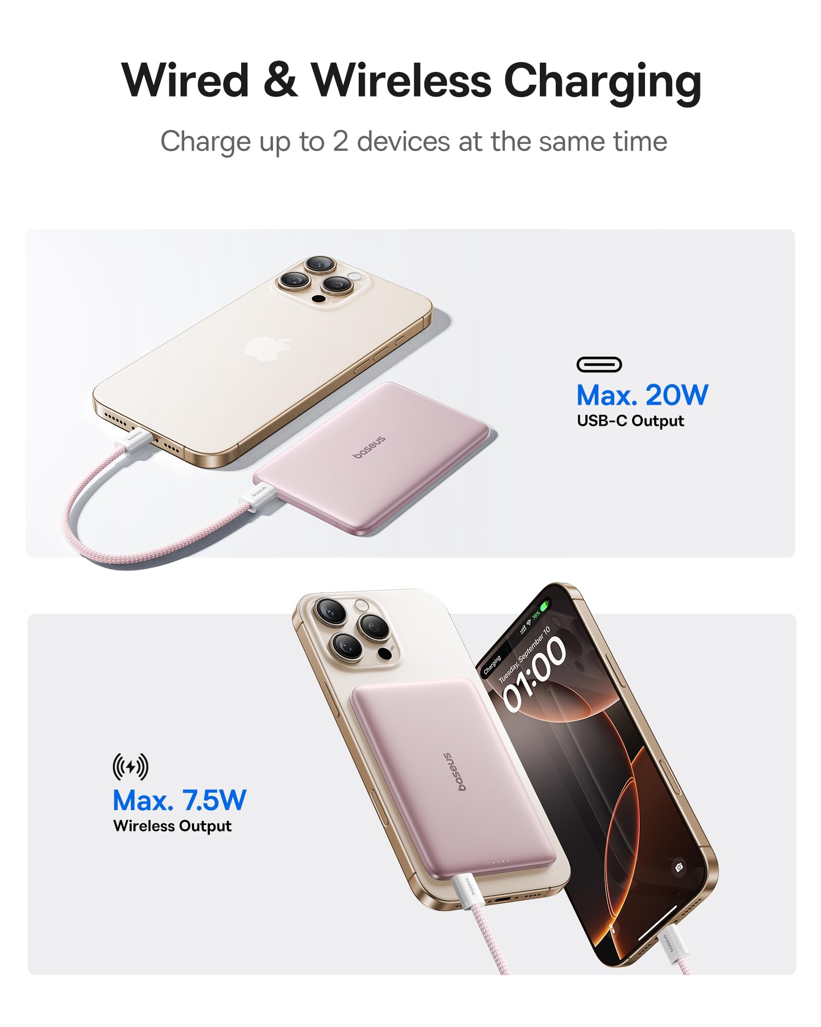 Baseus Magsafe Power Bank Ultra Slim, ultralekki magnetyczny powerbank do iPhone 16/15/14, mini bezprzewodowy bank 5000 mAh, USB-C PD 20 W, zewnętrzna bateria z wyświetlaczem LED, różowy