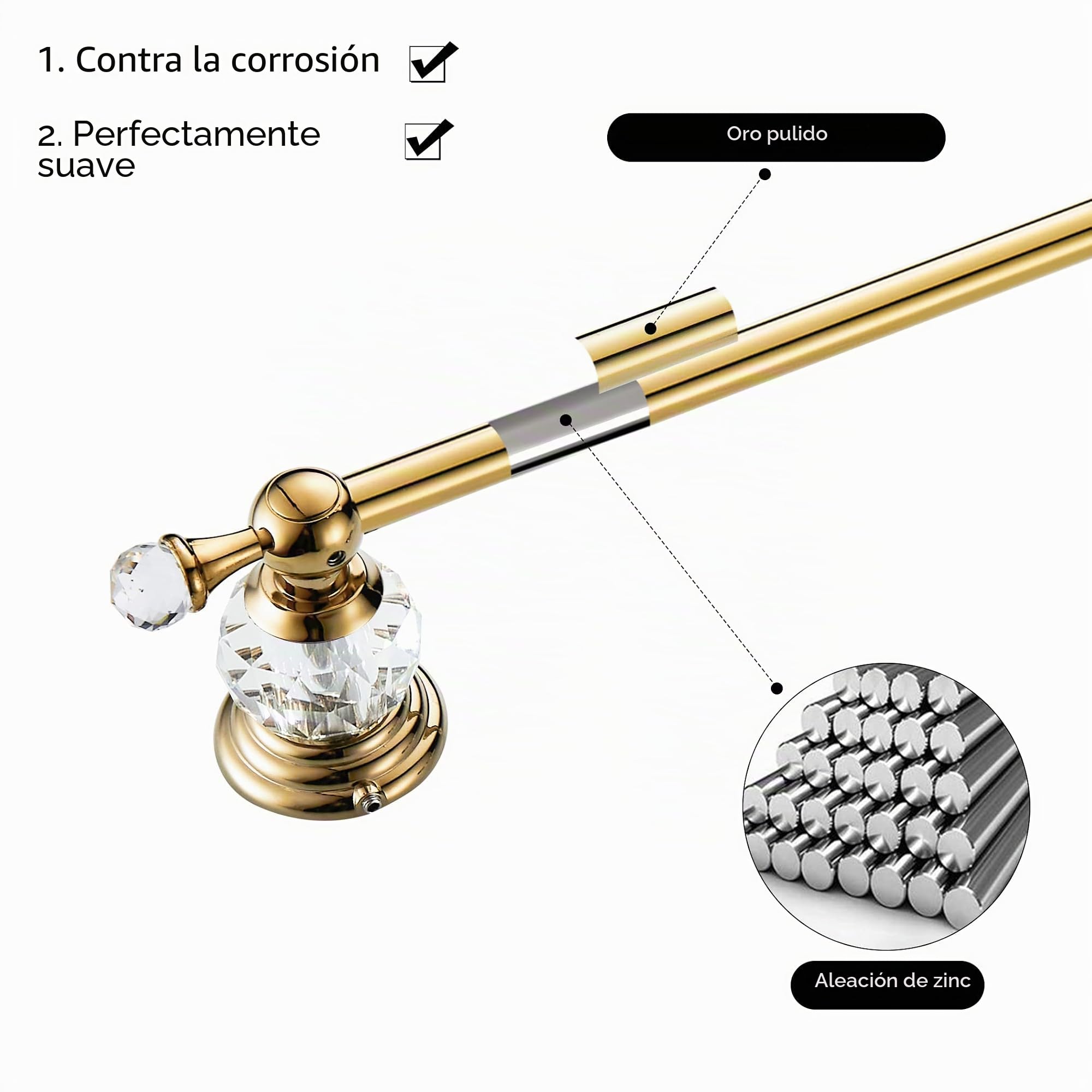 WINCASE Toallero Europeo Individual para toallero, construcción de aleación de Zinc con Acabado Dorado Pulido para baño con Base de Cristal montado en la Pared